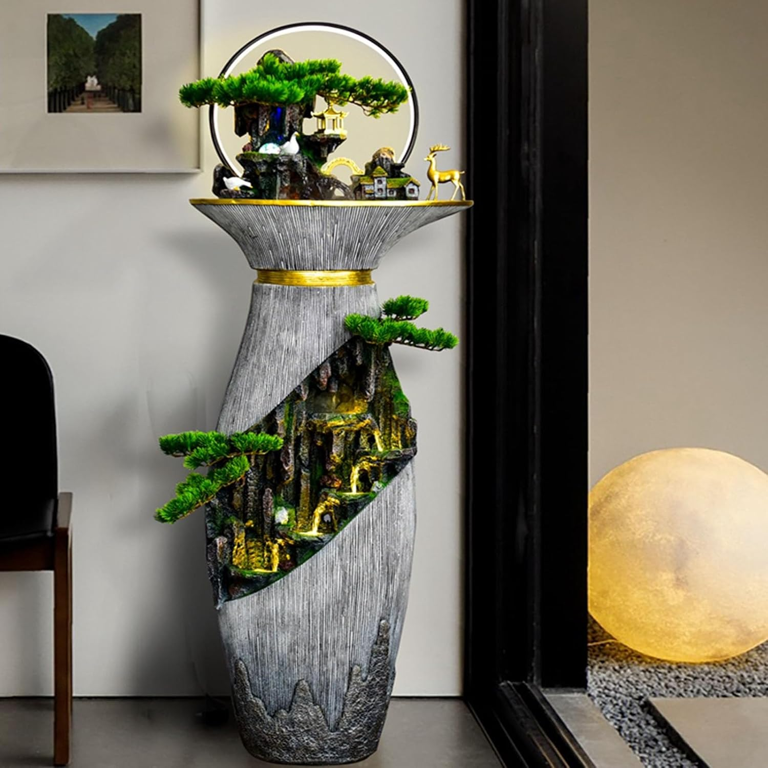 Outdoor Fountain Large Indoor Floor Fountain, Resin Water Bottle Garden with LED Light, Chinese Fengshui Lucky, Home and Office Decoration image number 2