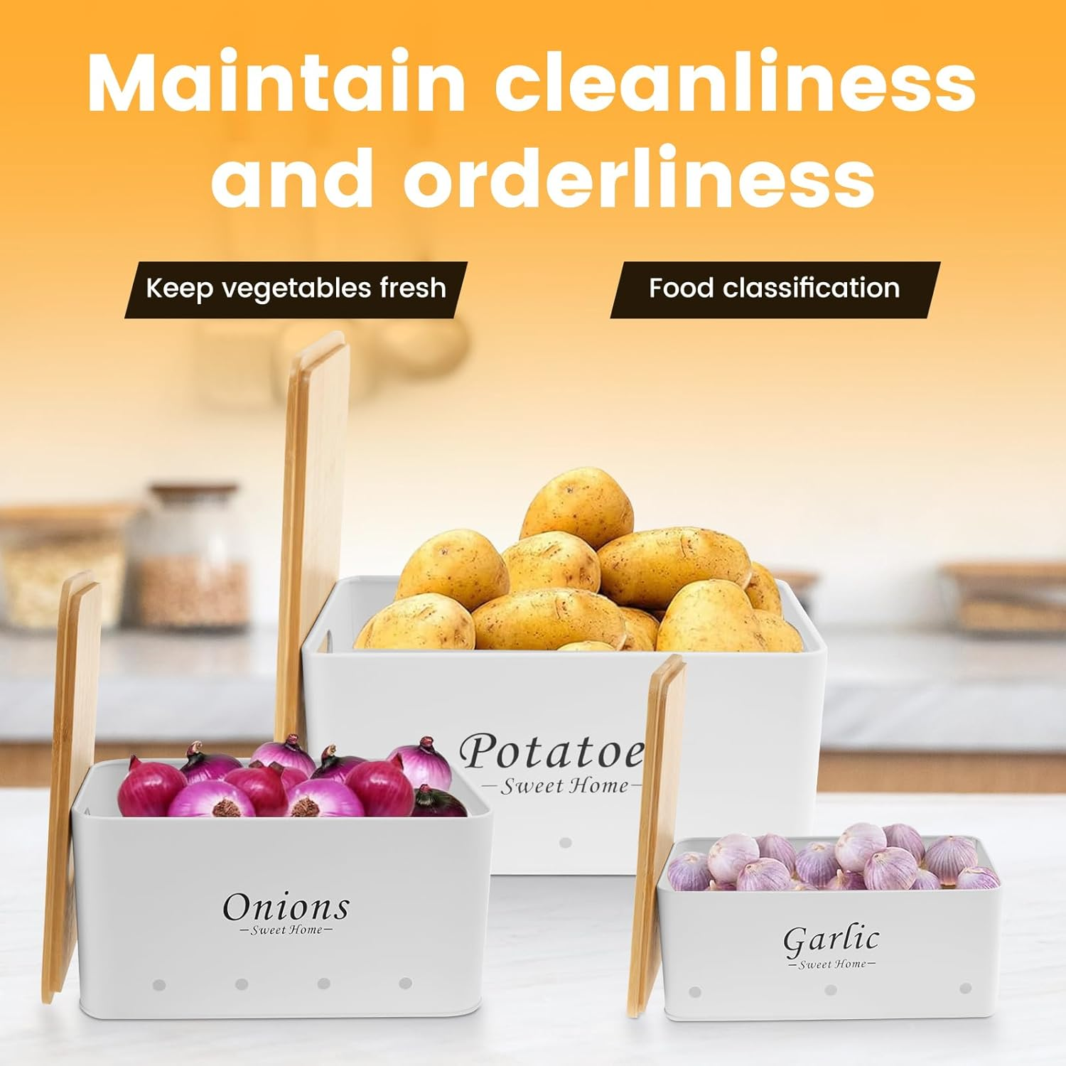 3 Pcs Potato and Onion Garlic Storage Bin, Kitchen Vegetable Storage Containers, Potato Onion Garlic Jars with Vent Hole, Carbon Steel Onion Storage Bin, Onion Garlic Storage Box Set (White) - Black image number 6