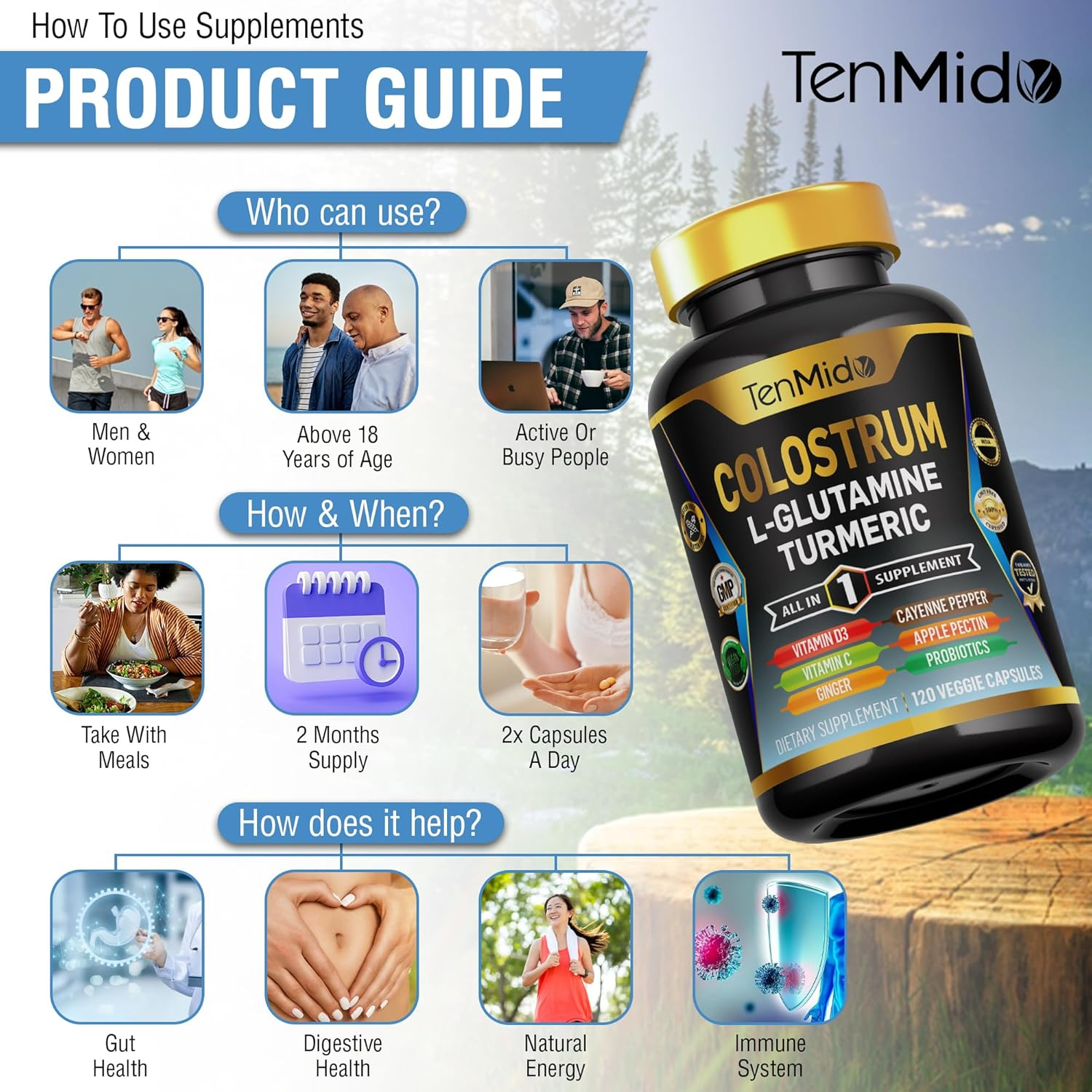 Colostrum Supplement - 10In1 Formula - Combine with L- Glutamine, Turmeric, Cayenne Pepper, Apple Pectin, Probiotics, Ginger, and More - Digestive Health, Immune Support - 120 Capsules image number 6