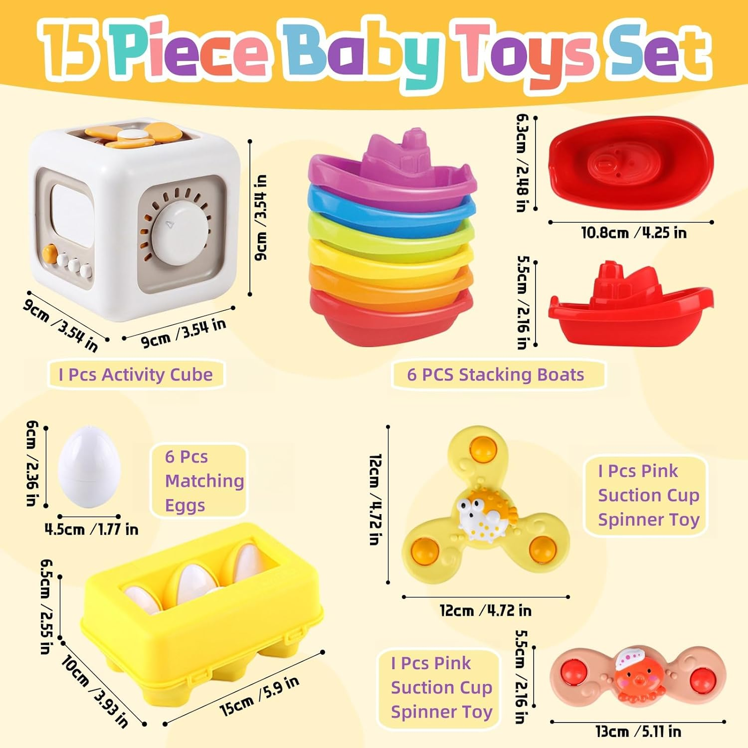 5 in 1 Montessori Toy Set for Toddlers 1 2 3 Year Old Baby Busy Activity Cube Baby Bath Suction Spinner Stacking Water Boat Matching Eggs Toys for Kids Travel Birthday Chirstams Bathtime Gift image number 1