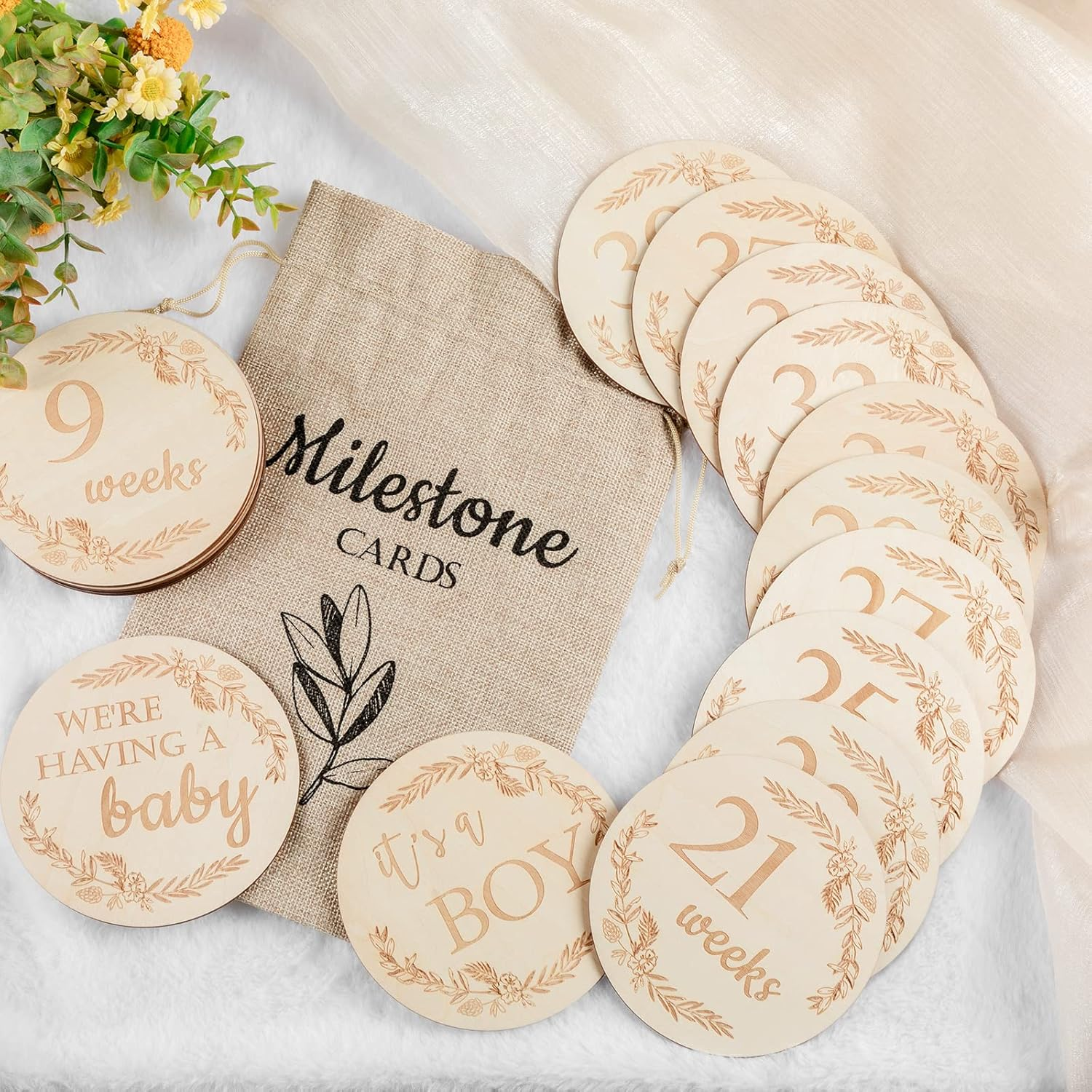 19 Pieces Pregnancy Milestone Signs Weekly Baby Bump Tracker 4.7" Milestone Cards Wooden Discs Double Sided Pregnancy Weekly Signs Neutral Baby Announcement Cards with Bag for Pregnant Moms image number 3