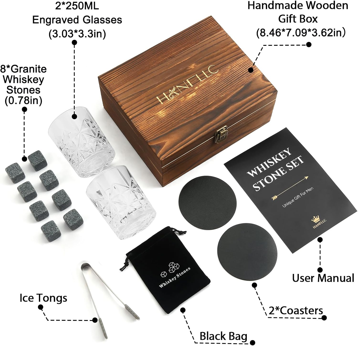 Whiskey Stones Glass Gift Set of 2, Unique Anniversary or Birthday Gift Ideas for Him - Boyfriend, Husband, Dad, Grandpa - 8 Granite Chilling Stones image number 2