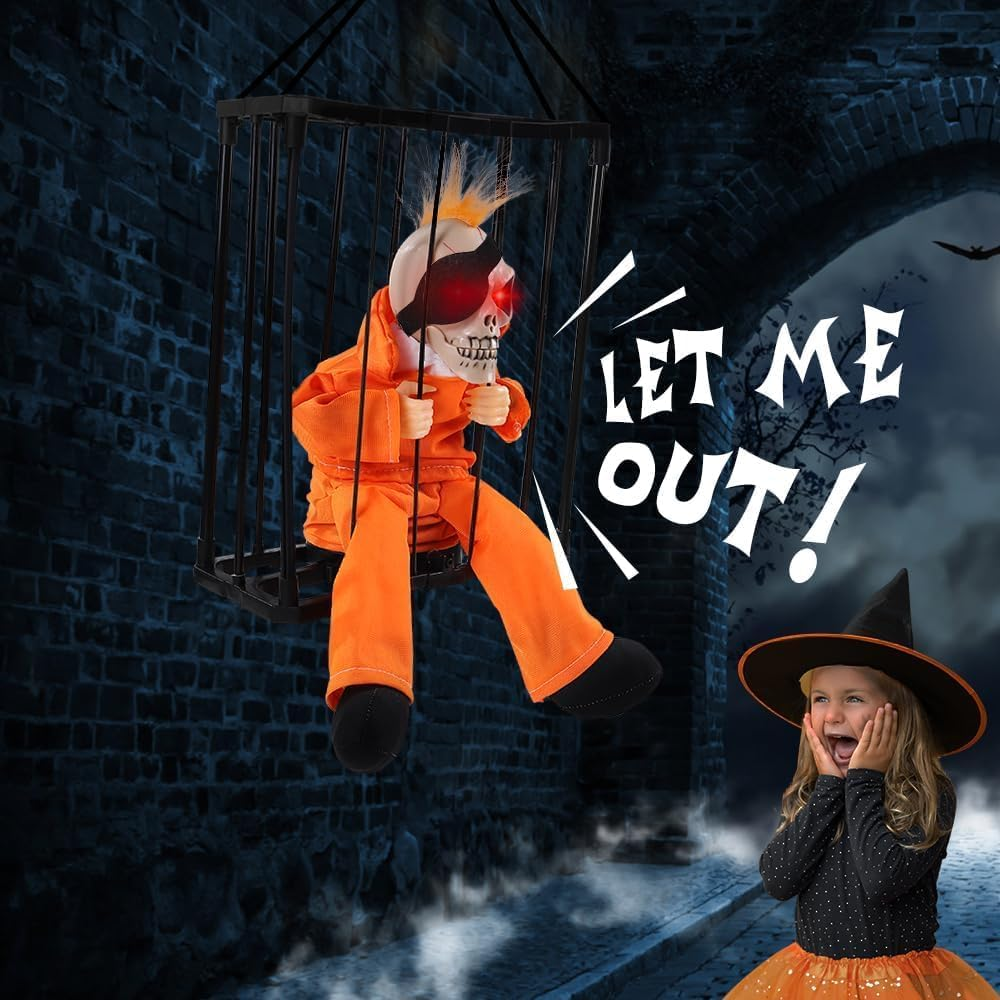 Screaming Animated Halloween Decorations, Halloween Decor Prop with Motion Sensor, Scary Skull Cage Prisoner Haunted House Decor, Spooky Hanging Ghost Eyes Glow Decorations image number 4