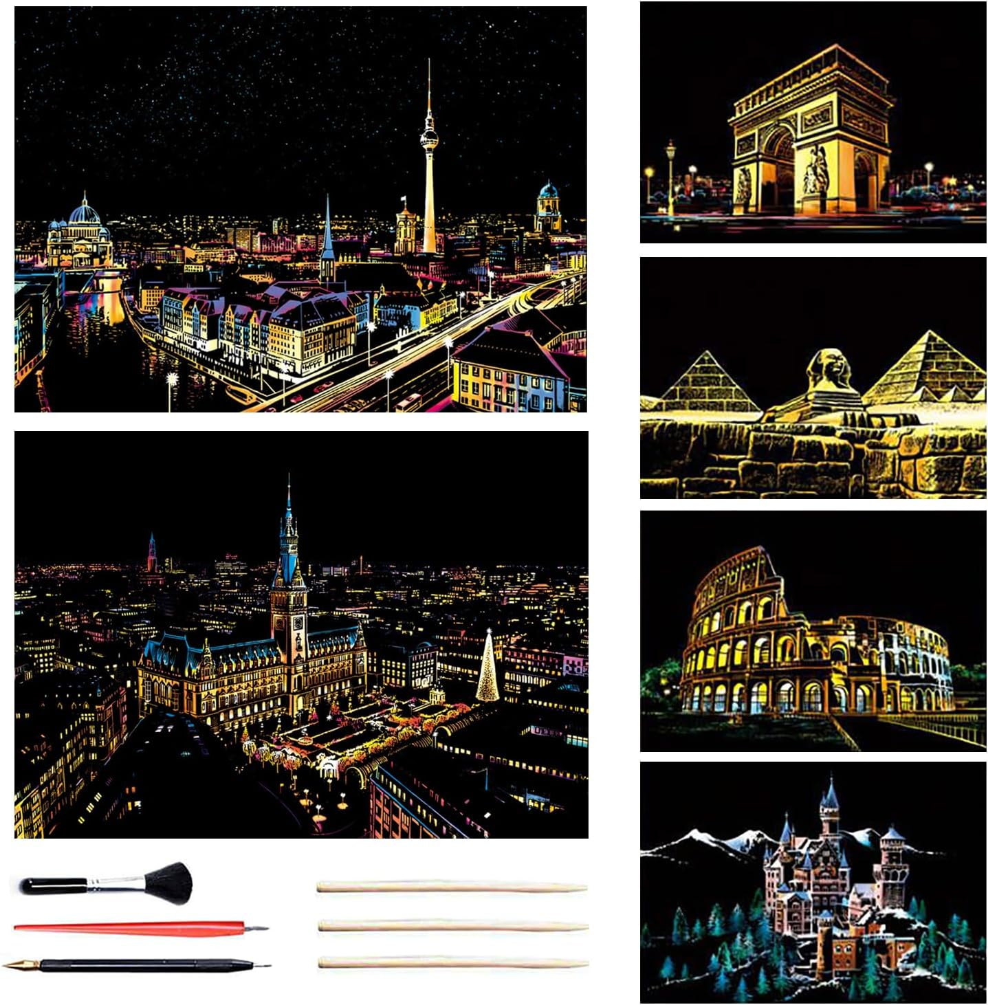 Georgie Porgy Scratch Picture Set DIY Craft Sets for Children Adults Magic Scratch Paper A3 City Scratch Paper for Christmas Birthday Gift with Scratch Tools Kit (A3 Windmill + Hot Air Balloon)