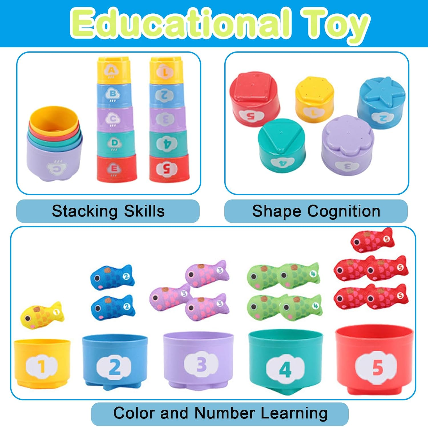 22Pcs Cloth Fishing Game with Stacking Cups, Toddler Toys for 1 Year Old Boy Girl Birthday Gift, Toddlers'S Sensory Toy with Stacking Cups Number Counting, Color Sorting Learning image number 3