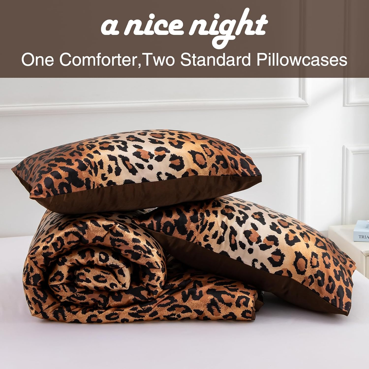A Nice Night Leopard Printed，Satin Silky Soft Quilt Sexy Luxury Super Soft Microfiber Comforter Quilt Bedding Comforter Set Full/Queen, Light Weighted (Coffee, King(88-By-102-Inches)) image number 2
