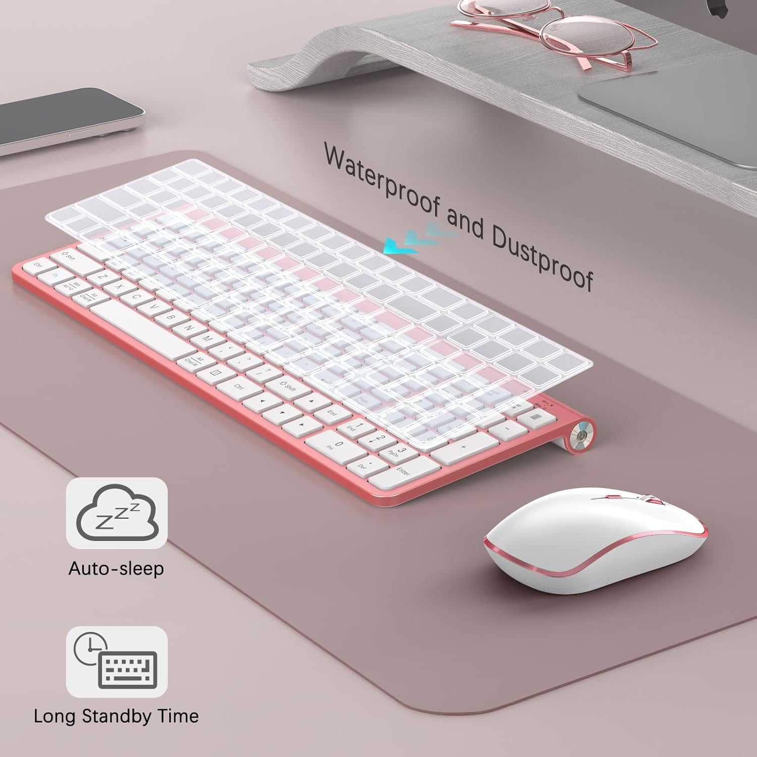 JOYACCESS Pink Wireless Keyboard and Mouse, Typewriter Keyboard Wireless, Ergonomic and Quiet Computer Mouse for for Desktop/Pc/Laptop/Surface/Smart TV and Windows 10/8/ 7 image number 1