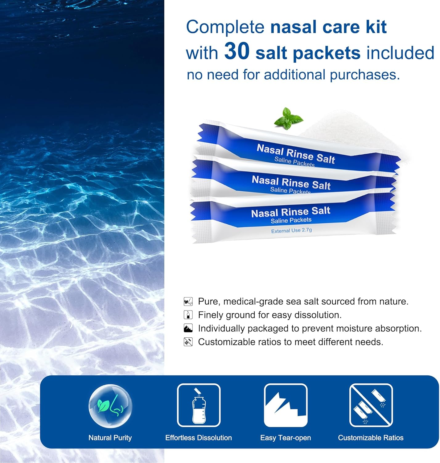 MAOEVER Neti Pot Sinus Rinse Nasal Wash 300ML Neti-Pot with 30 Nasal Wash Salt Packets and Sticker Thermometer Nose Cleaner Washing Bottle Cleaner Pressure Irrigation for Adult & Kid BPA Free (Blue) image number 1