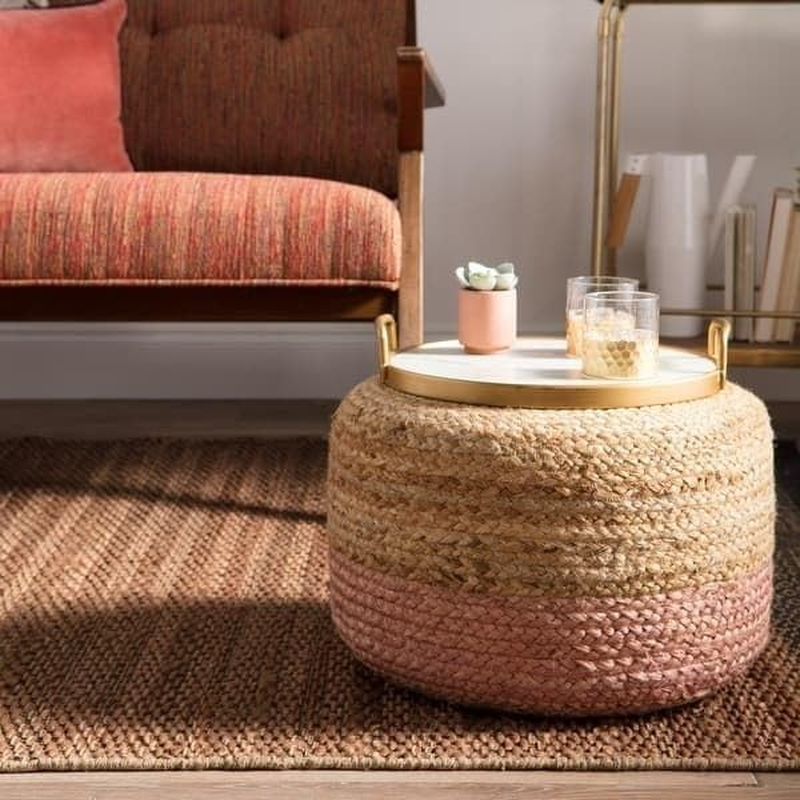 La'Grace Home Ombre Hand Braided Jute Cotton Pouf Ottoman, Jute Charcoal