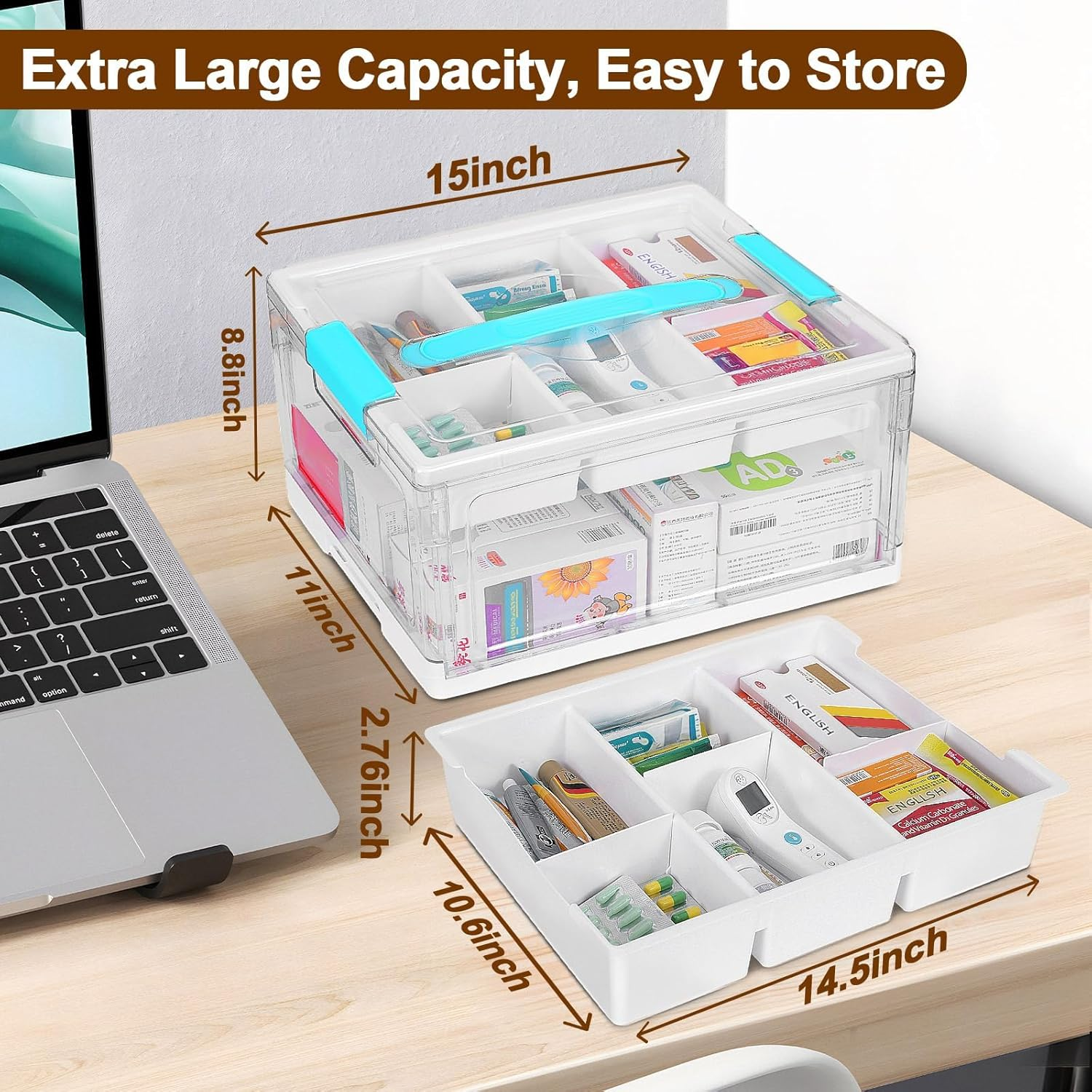 Large Clear Medicine Storage Box & First Aid Organiser with Removable Tray | Multipurpose Home Storage & Organisation for Medical Supplies，Medication Organiser image number 5