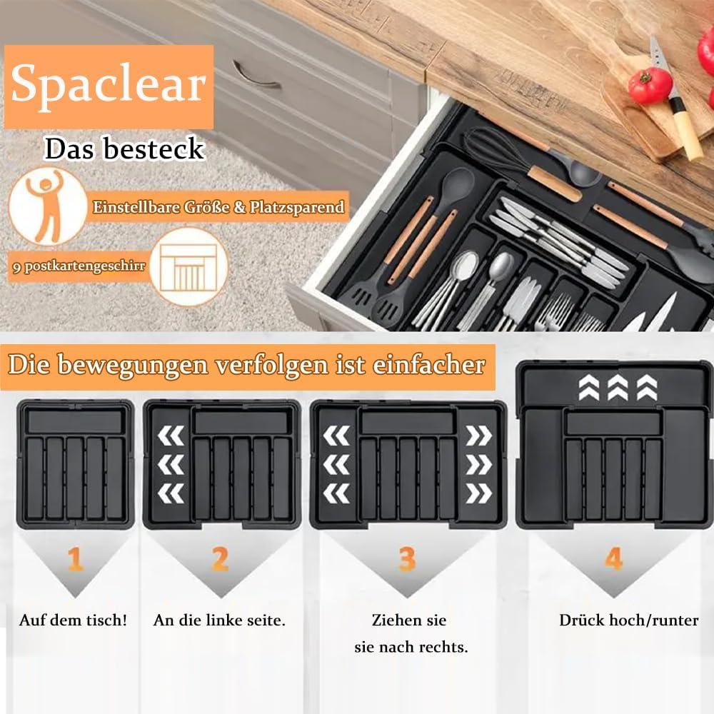 Wnddle Expandable Cutlery Tray for Drawers, Drawer Organiser, Cutlery Tray for Drawers, Adjustable Drawer Insert, Cutlery Tray, Kitchen Organiser, for Spoons/Forks (Grey) - Black 2 image number 2