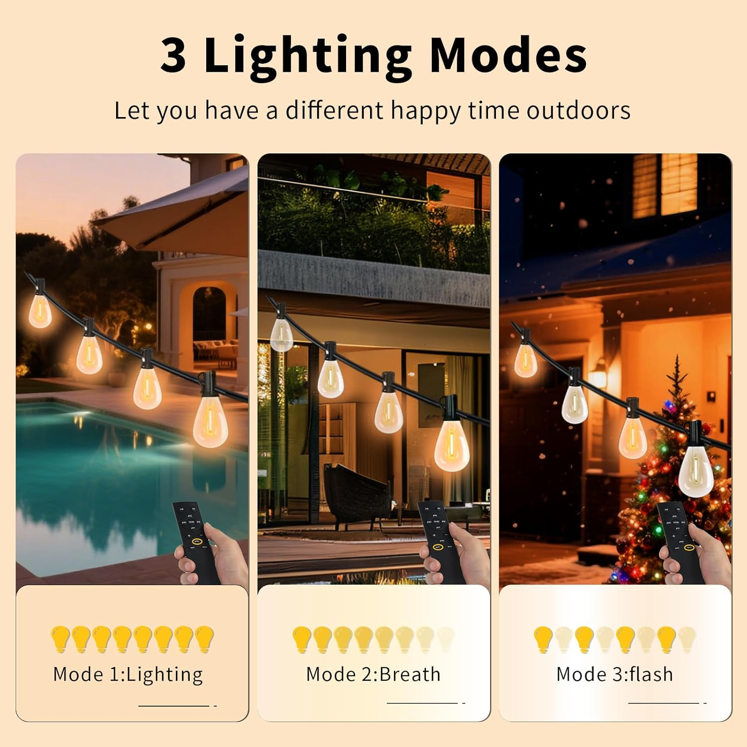 Tenmiro Festoon Lights Outdoor with Remote,Dimmable,Timing, 60M Ultra Long Waterproof&Shatterproof Outdoor String Lights 60+2 S11 LED Bulbs,3 Light Modes 2700K Fairy Light for Party,Christmas,Backyard image number 3