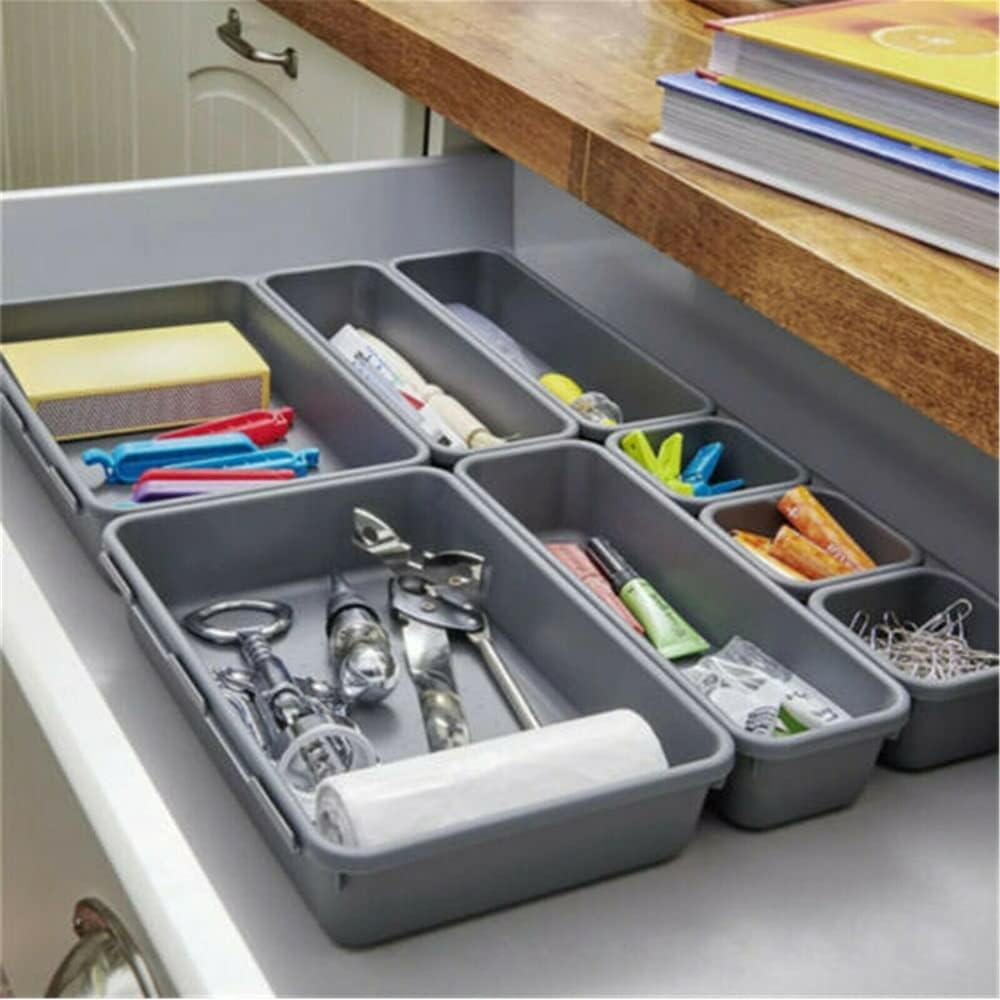 8PCS Kitchen Drawer Organiser Cutlery Tray Insert Cabinet Utensil Storage Box Light Grey image number 6