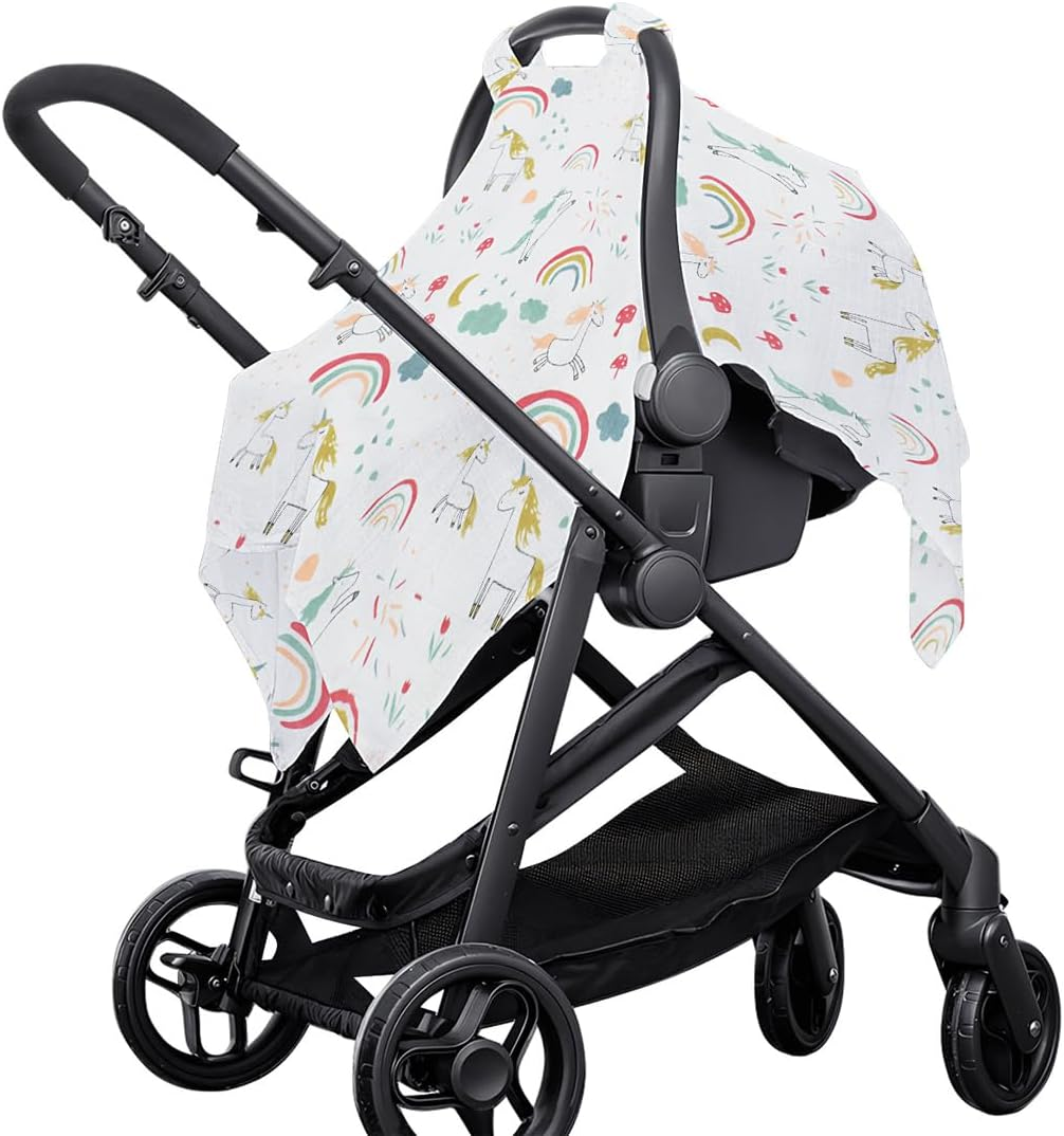 AIMALL 2-Pack Baby Muslin Cotton Push Car Seat Cover, Breathable Windproof Dustproof Infant Carriage Cover with Cartoon Prints, 44.9In X 35.4In, Universal Fit for Baby Carriers image number 3