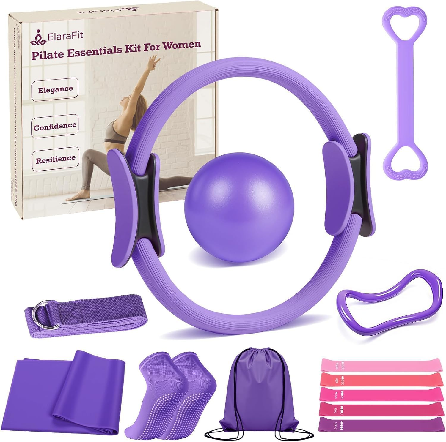 Pilates Essential Kit - Portable Fitness Equipment - with Toning Pilates Ring & Long Resistance Bands & Loop Bands & Soft Ball & Grip Socks image number 3