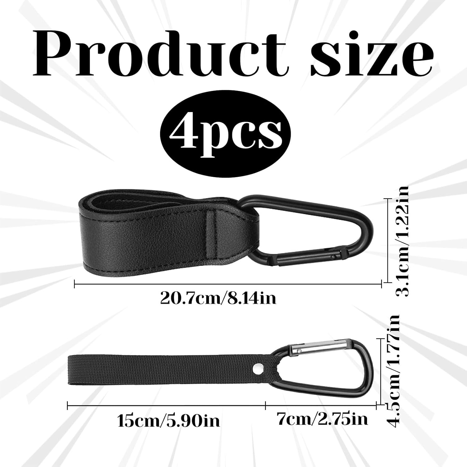 Pram Hooks, 4 PCS Pram Accessories, Baby Stroller Hook, 2 Leather Stroller Hooks + 2 Normal Loop - Hanging Straps, Multipurpose Hooks Pram Clips with Sturdy Carabiner and Strong Magic image number 4