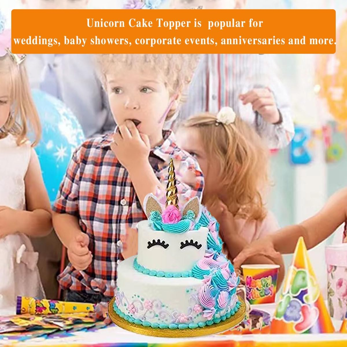 Unicorn Cake Topper, Handmade Gold Unicorn Birthday Cake Topper Decoration Supplies with Eyelashes and Stack for Birthday Party,Baby Shower, Wedding (Gold) image number 2