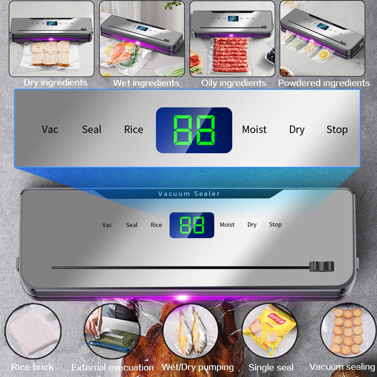 Vacuum Sealer Machine, 6-In-1 Automatic Sealing Food Saver Machine,One Touch Automatic Sealing, Fast-Compact Food Sealer with 10Pcs Airtight Bags & External Vacuum Tube，Built-In Cutter(Grey) image number 3