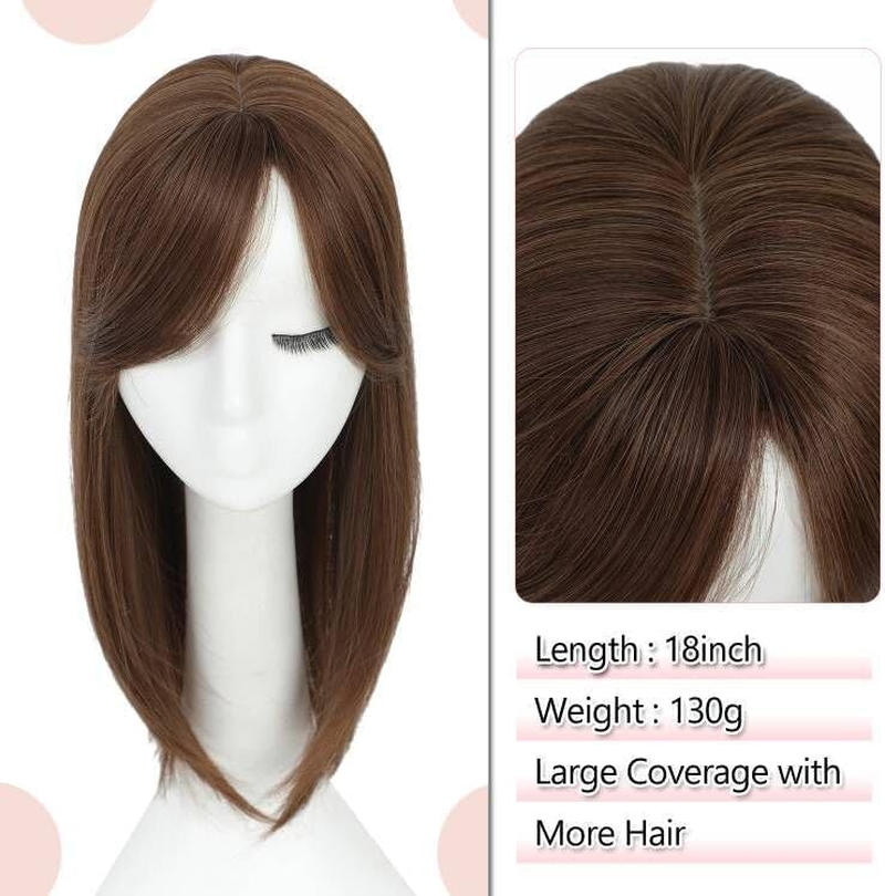 Long Wavy 18Inch Hair Topper Big Base Cover Thinning Clip in Hair Toppers for Women Fiber Wiglets with Fringe (Light Brown, 18 Inch) image number 5