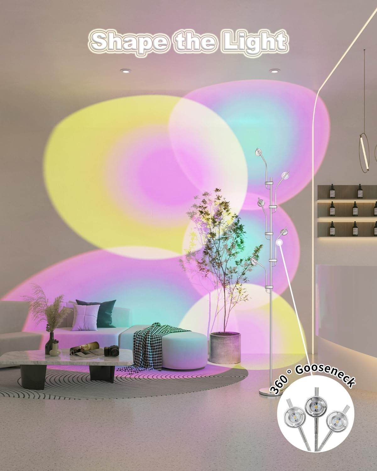 TACAHE RGBW Halo Projector Floor Lamp - 4000K LED with Replaceable Color Filters - Light and Shadow Mood Light - Multi-Head Ambient Decor Lighting for Bedroom, Living Room - 73" - 12W - Chrome image number 3