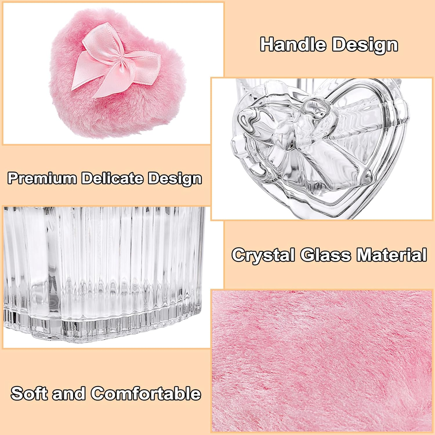 OGA Body Powder Container with Tassel Baby Powder Tin Transparent Heart Glass Box with 2 Body Powder Puff Empty Body Powder Box for Loose Powder, Talcum Powder Women Girls Birthday image number 2