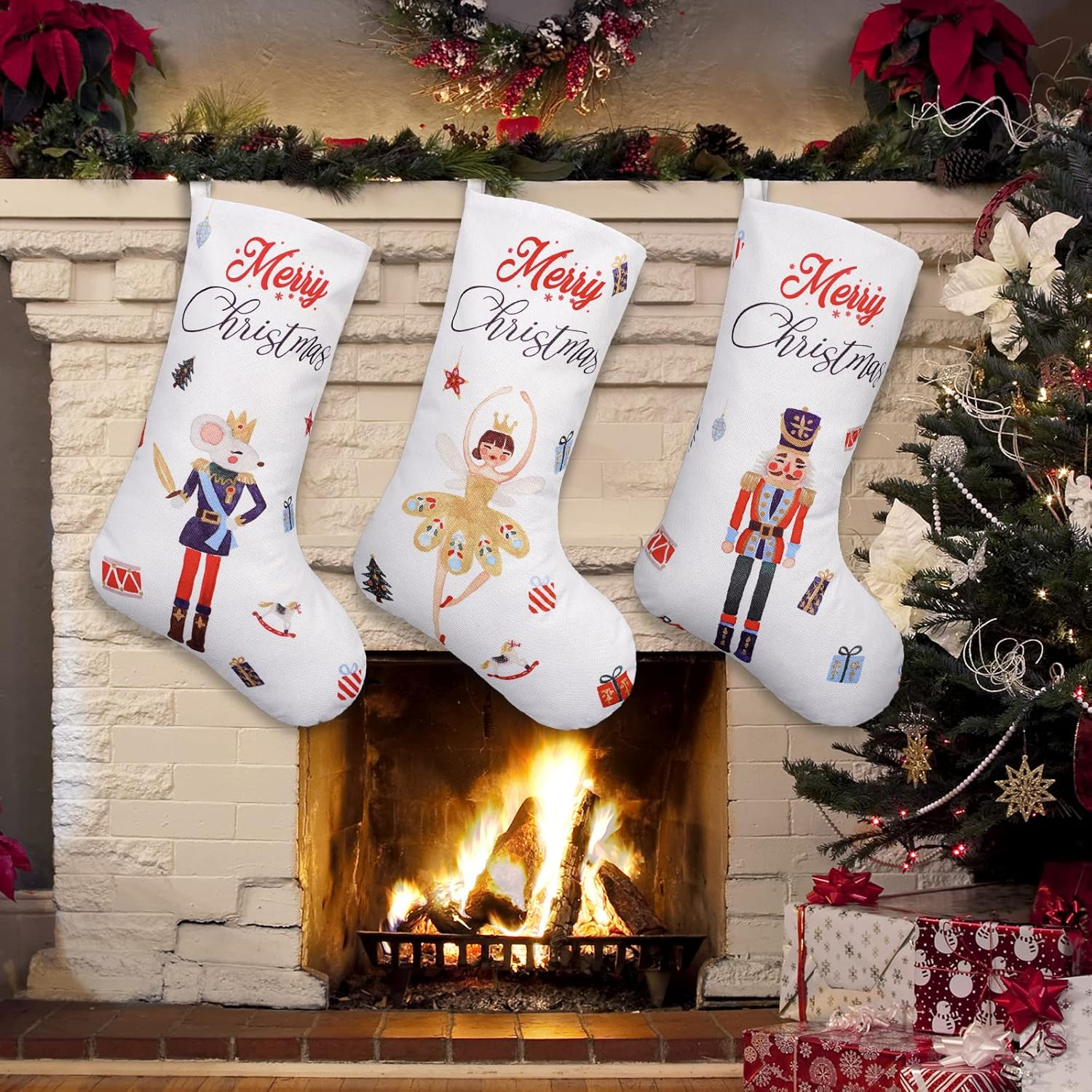 Anydesign Large Nutcracker Christmas Stocking 18 Inch Xmas Hanging Stocking 3Pcs Rustic Vintage Watercolor Favor Treat Stocking Gift Bag for Kids Fireplace Xmas Tree Indoor Party Decoration