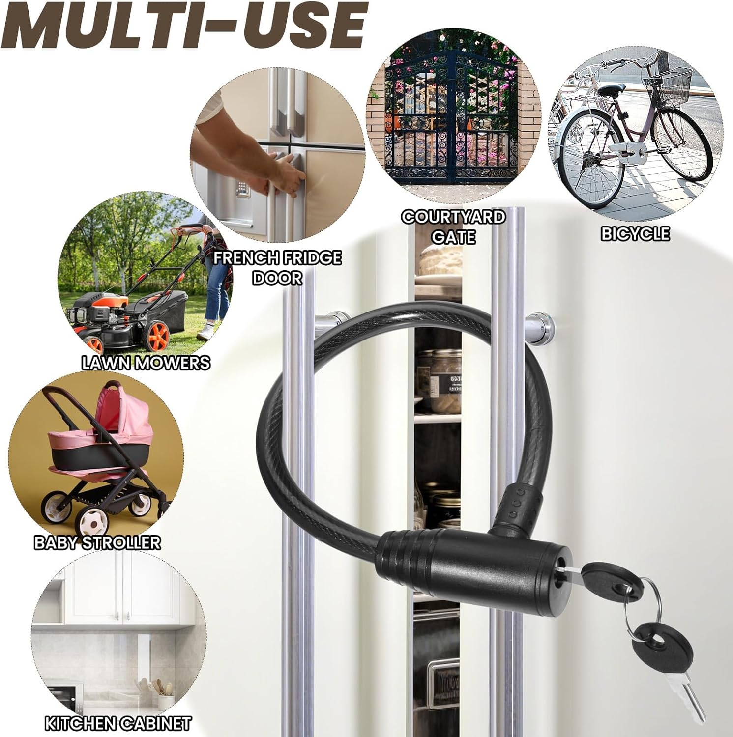 19.7 Inch Secure Black Fridge Lock with Keys Refrigerator Lock Cabinet and Childproof Locks for French Door Fridge, Kitchen Cabinet