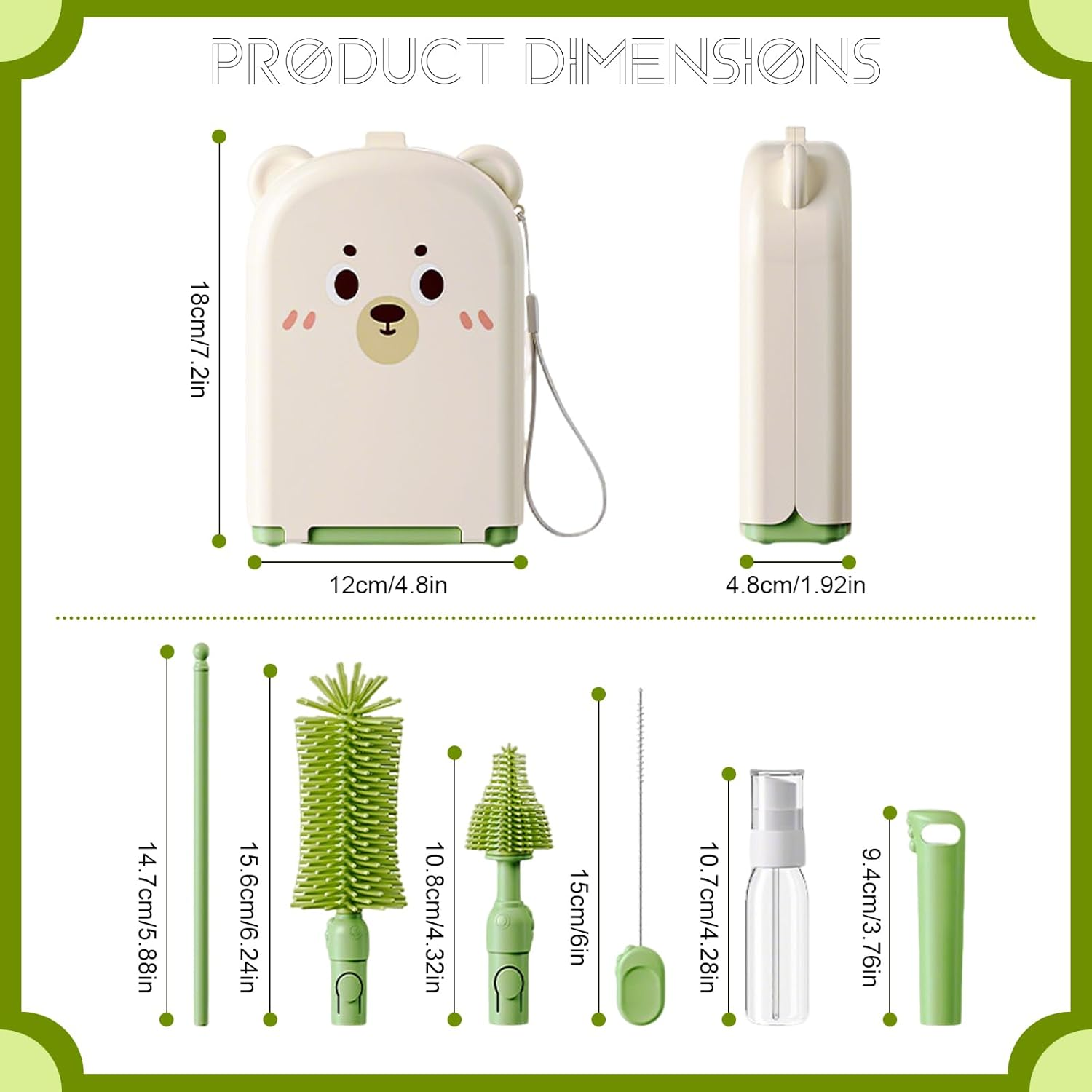 6-In-1 Portable Baby Bottle Brush Set with Case, Bottle Cleaner Kit with Drying Rack, Bottle Brush, Nipple Brush, Straw Brush, Soap Dispenser, Aby Travel Essentials for Mums & Dads (Green) image number 5
