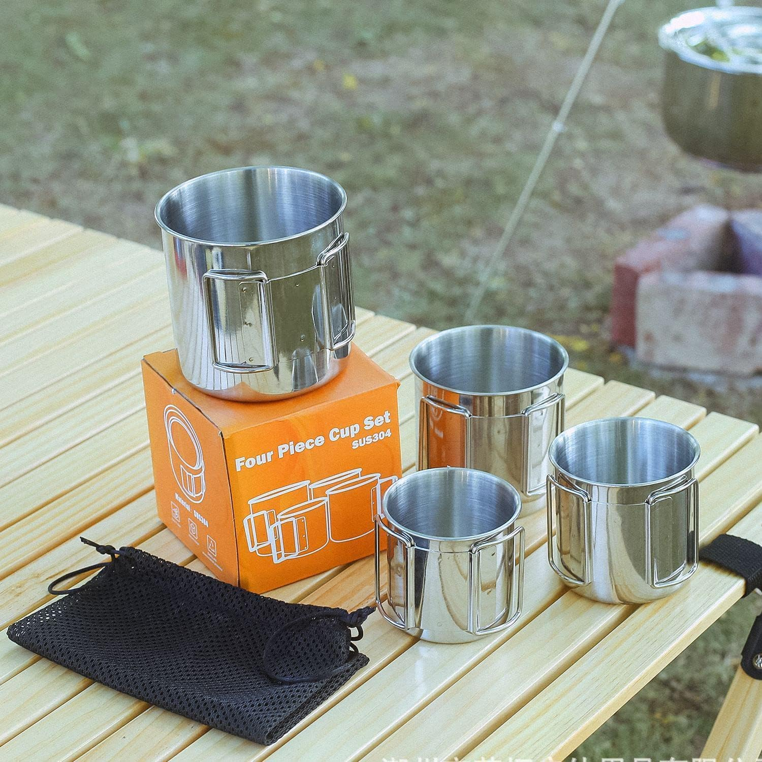 Pobowlgarls 4-Piece Outdoor Camping Mug Set, 304 Stainless Steel Mug Set with Foldable Handles for Camping, Hiking, Backpacking, Picnic image number 4
