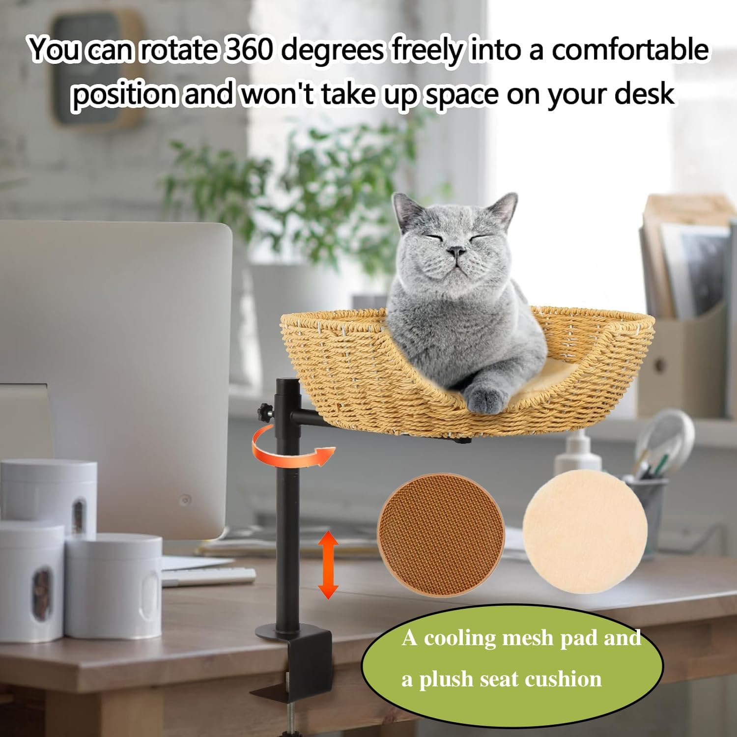 Cat Desk Bed,360&deg;Rotating & Adjustable Desk Cat Bed, Steel Frame,Cat Bed for Desk with Paper Rope Material,Cat B Ed Desk,With Pet Mat C at Beds for Indoor C ATS for Office Desks, Game Tables image number 2