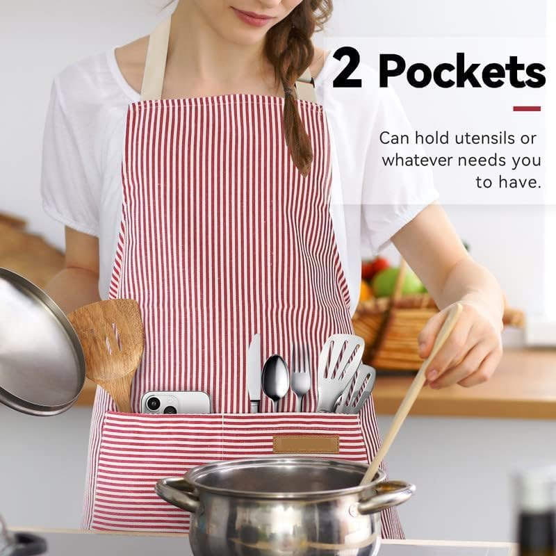 2 Packs Adjustable Apron Bib, Kitchen Cooking Aprons with Big Pocket for Women Men, Chef, Kitchen, Home, Restaurant, Cafe, Cooking, Baking (Streak/Blue & Red) image number 4