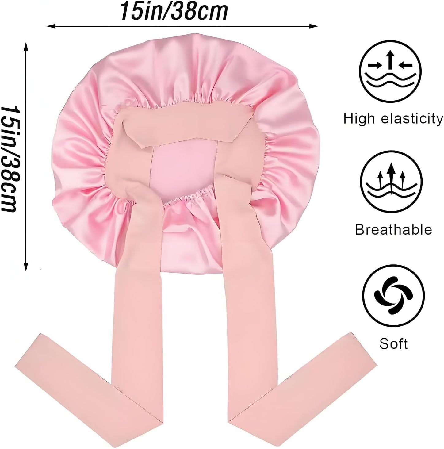 2 Pcs Satin Sleep Cap, Silk Bonnet with Tie Band, Adjustable, Black+Pink image number 5