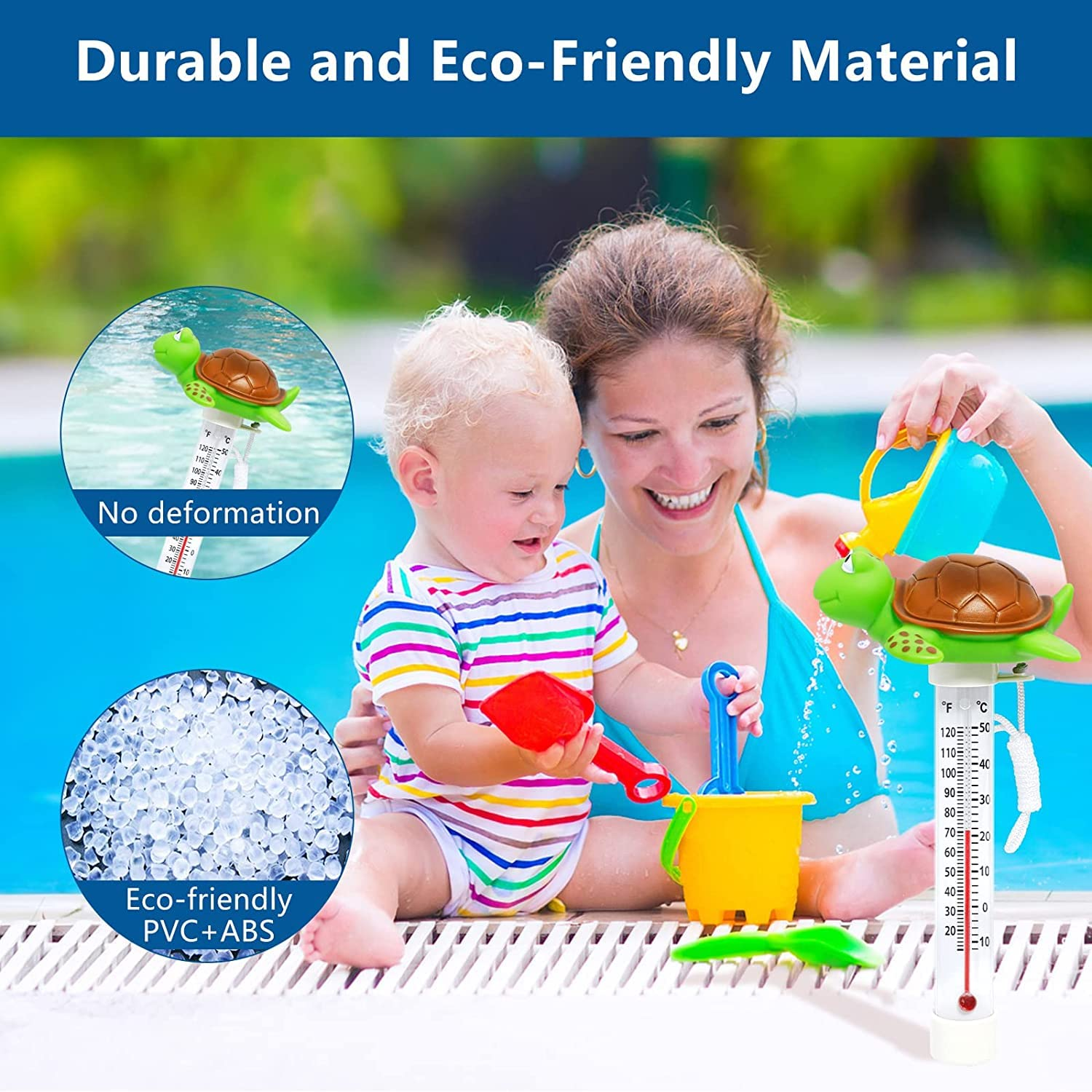 Floating Pool Thermometer, Large Display with String Easy to Read, Shatter Resistant, for Outdoor & Indoor Swimming Pools, Spas, Hot Tubs & Aquariums (Turtle) image number 1