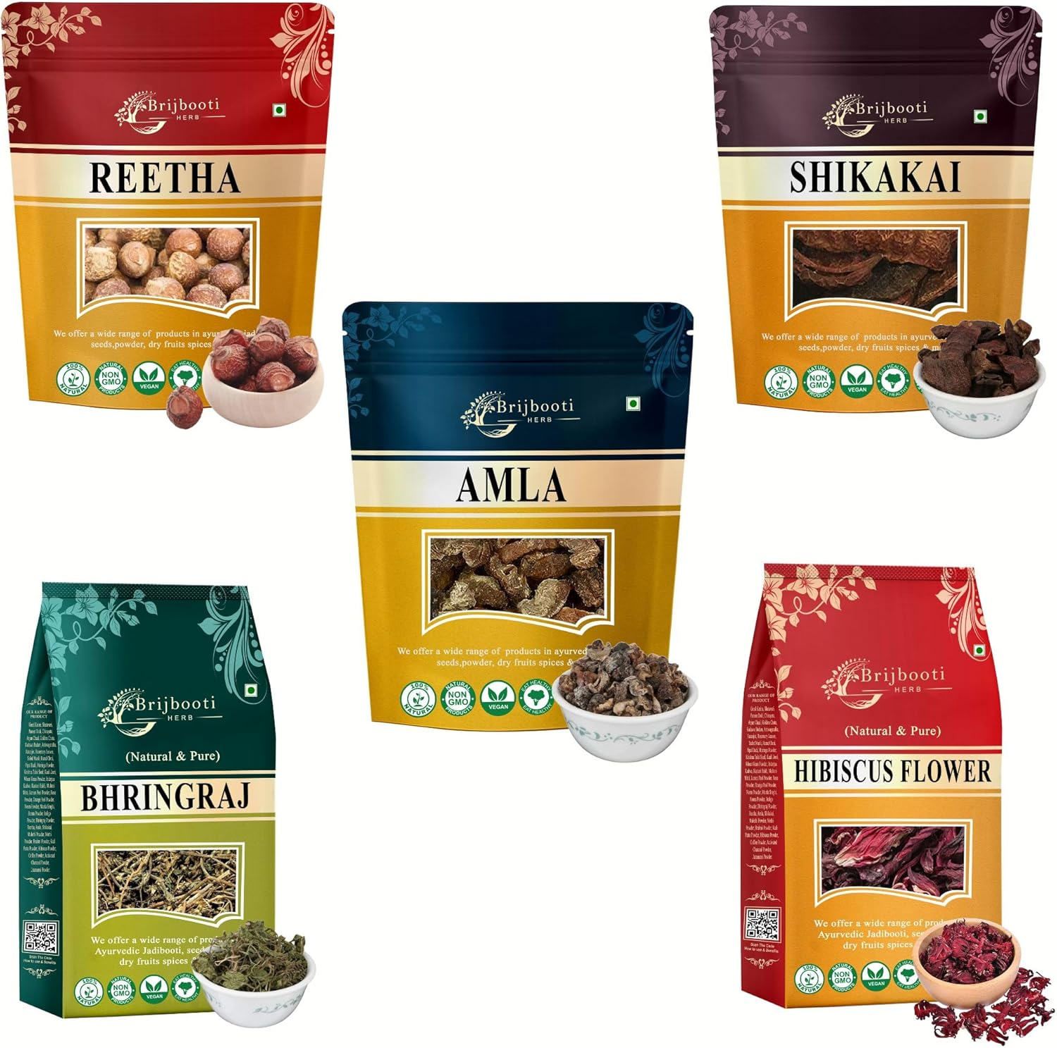 Brijbooti Reetha Amla Shikakai Bhringraj Hibiscus (Raw Form) for Hair 500 Gm (100G Each) image number 3