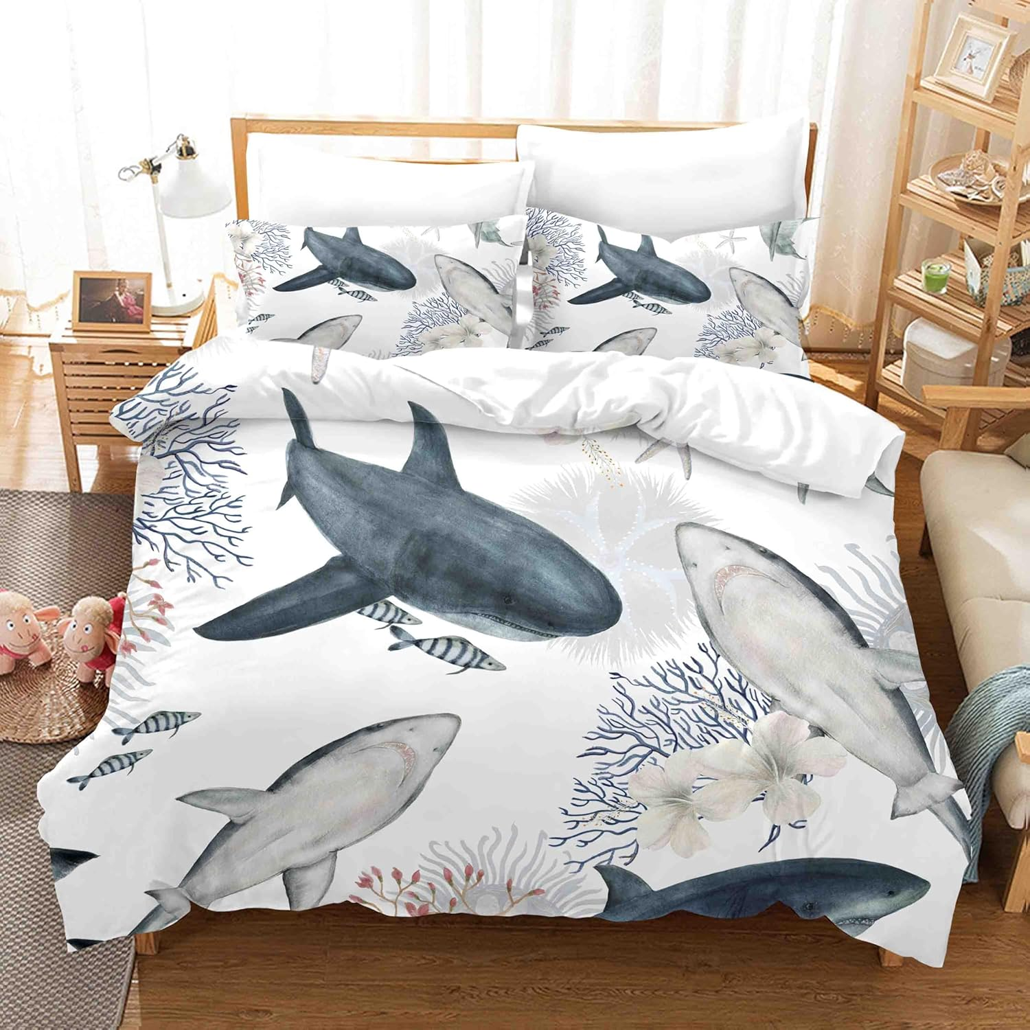 3D Shark Coral Floral Quilt Cover Set Bedding Set with Pillowcases, Single/Double/Queen/King Size (King) image number 1