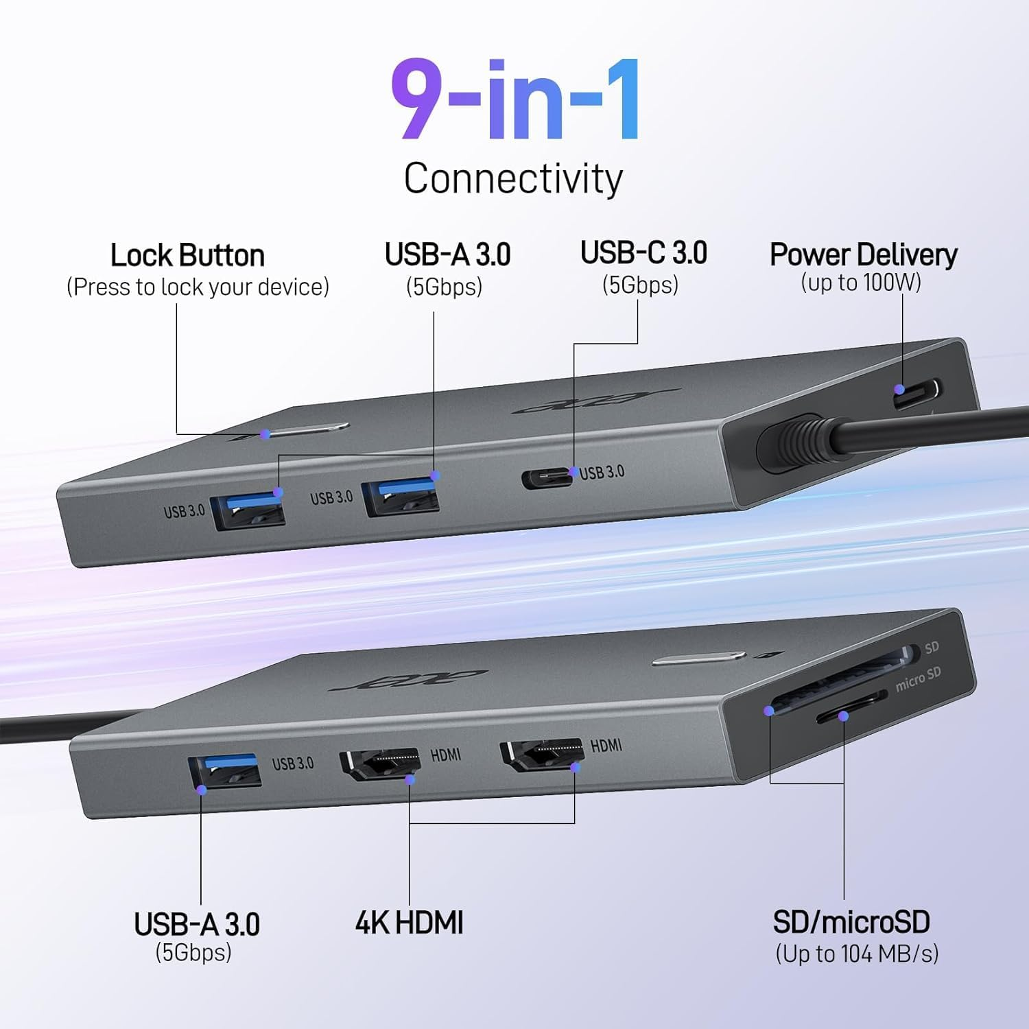 Acer USB C Docking Station Dual HDMI Monitor, Laptop Multiport Adapter with 4K HDMI, USB A&C 3.0 Ports, Sd/Micro SD, 100W PD Charging, USBC Dock Compatible with Mac/Acer/Dell Xps/Hp/Surface Etc