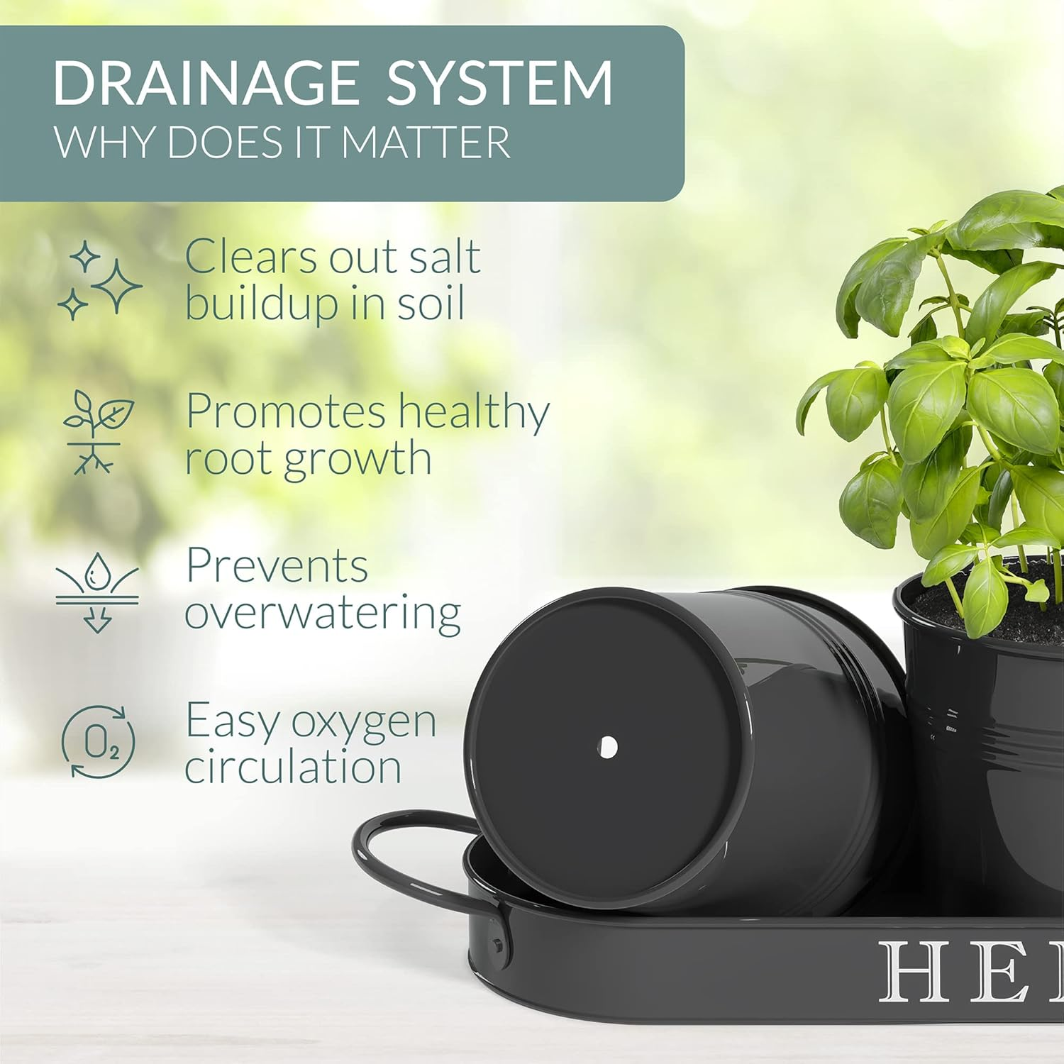 Barnyard Designs Indoor Outdoor Herb Garden Planter Set with Tray, Metal Windowsill Herb Pots, Black, Set/3 - Black image number 2