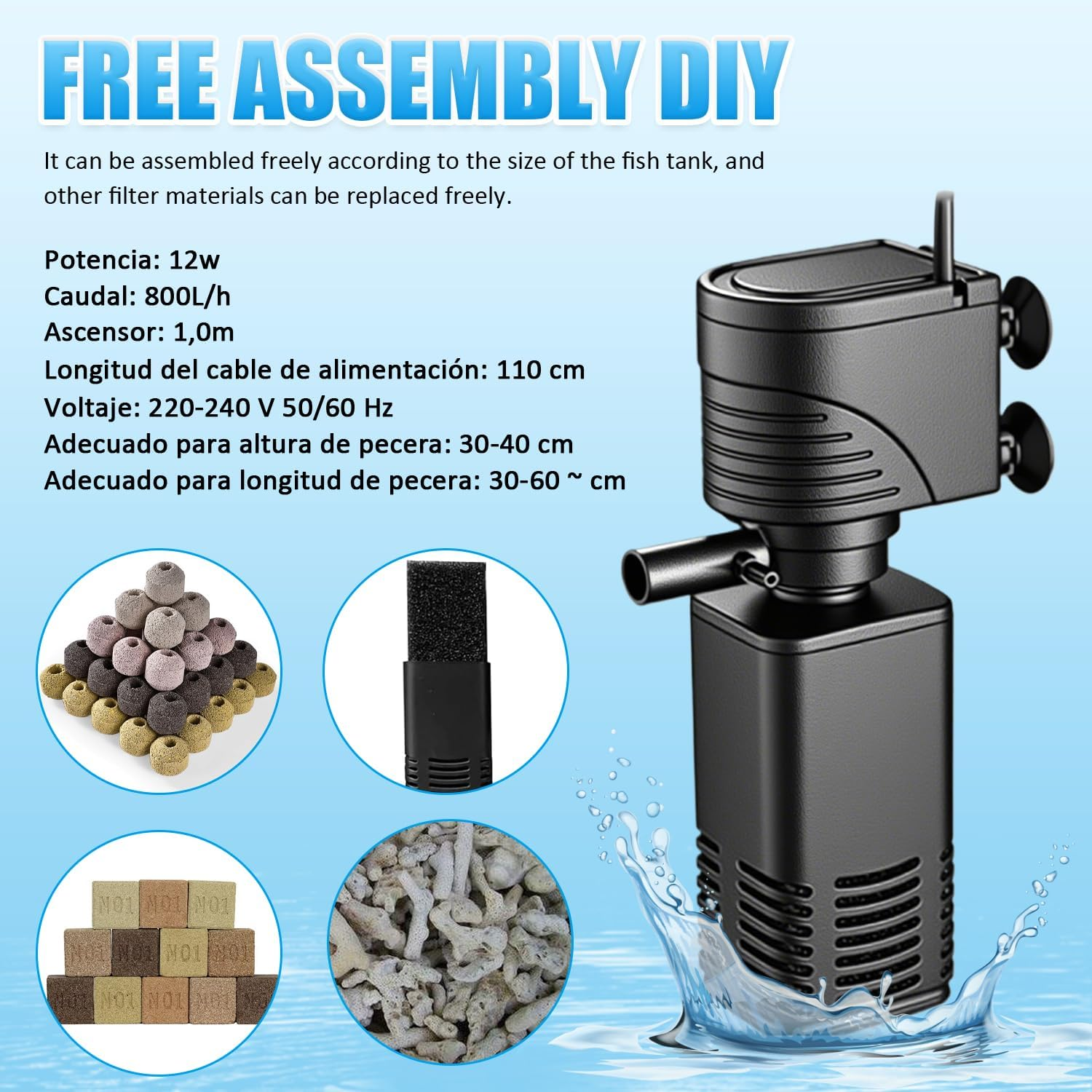 Submersible Fish Tank Filter, 12W Aquarium Filter with Water Pump, 800L/H Adjustable Internal Fish Tank Filter, for Aquarium Filtration, Oxygenation, Circulation