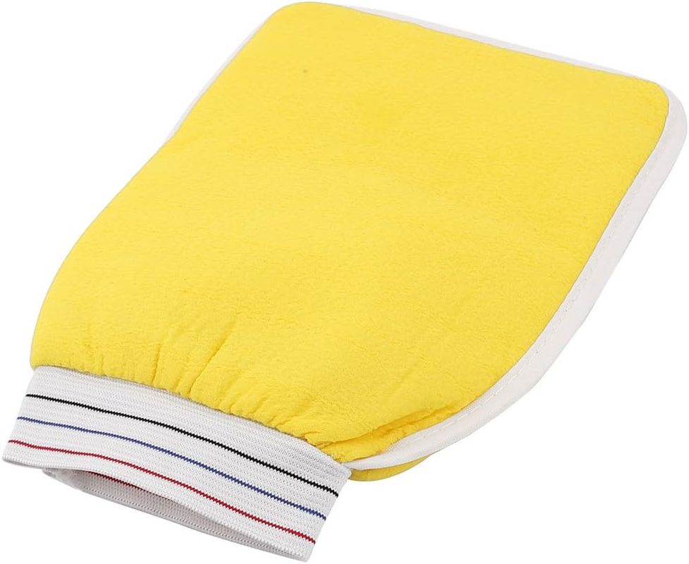 Ruilogod Elastic Cuff Double Side Shower Bath Massage Glove Scrubber Yellow