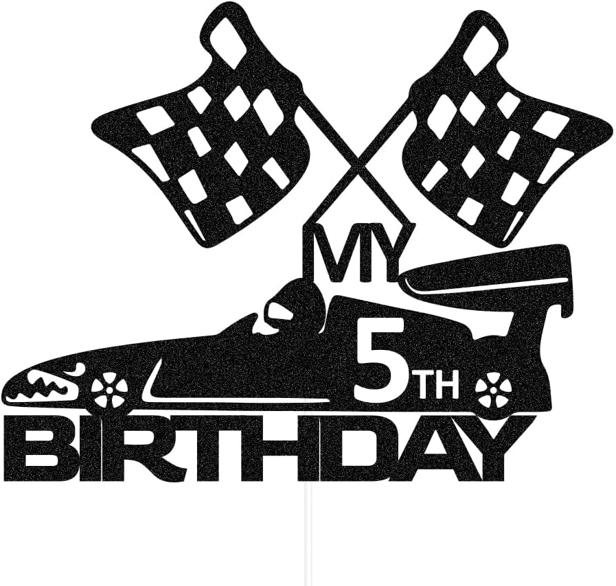SWEETTALA Racing Car 5Th Cake Topper for Race Car Checkered Flag Themed Kids Boy Girl 5 Years Old Birthday Party Decorations Black Glitter (My 5Th Birthday) image number 2
