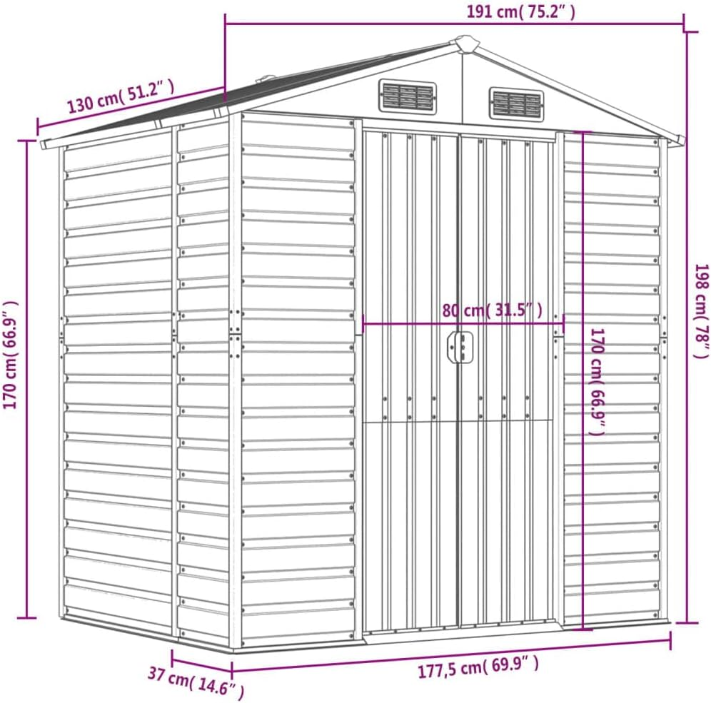 Vidaxl Garden Shed/Outdoor Metal Storage for Firewood and Tools - Brown Galvanised Steel with Ventilation, Door Handles, and Sloping Roof - 191X130X198 Cm image number 1