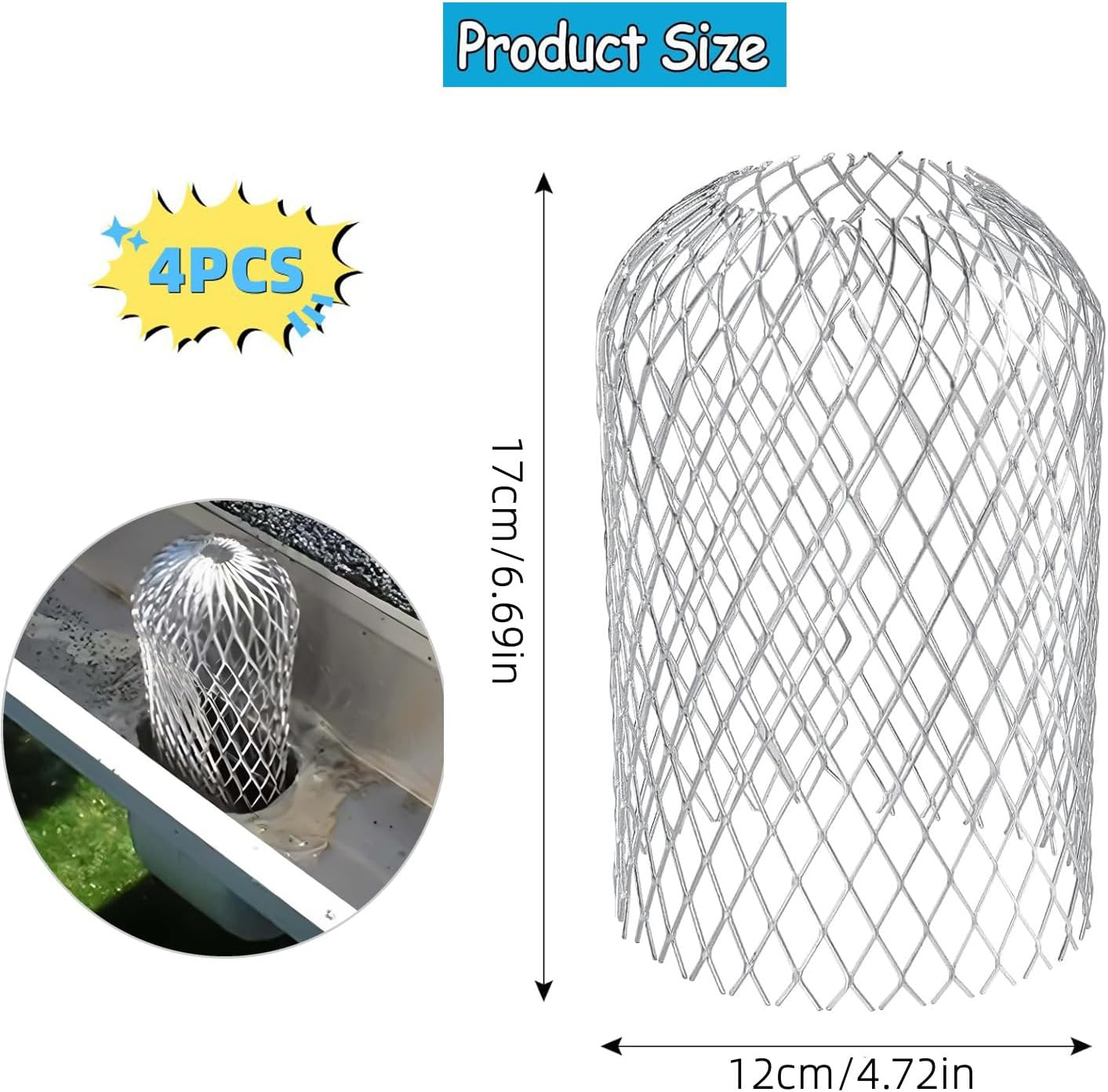 Yharnamite 4 Pcs Gutter Guard, Downspouts Gutter Guards, Aluminum Gutter Guard Filter Strainer, Expandable Leaf Filter Strainer Gutter for Preventing Leaves Debris Blockag (B) - A image number 2