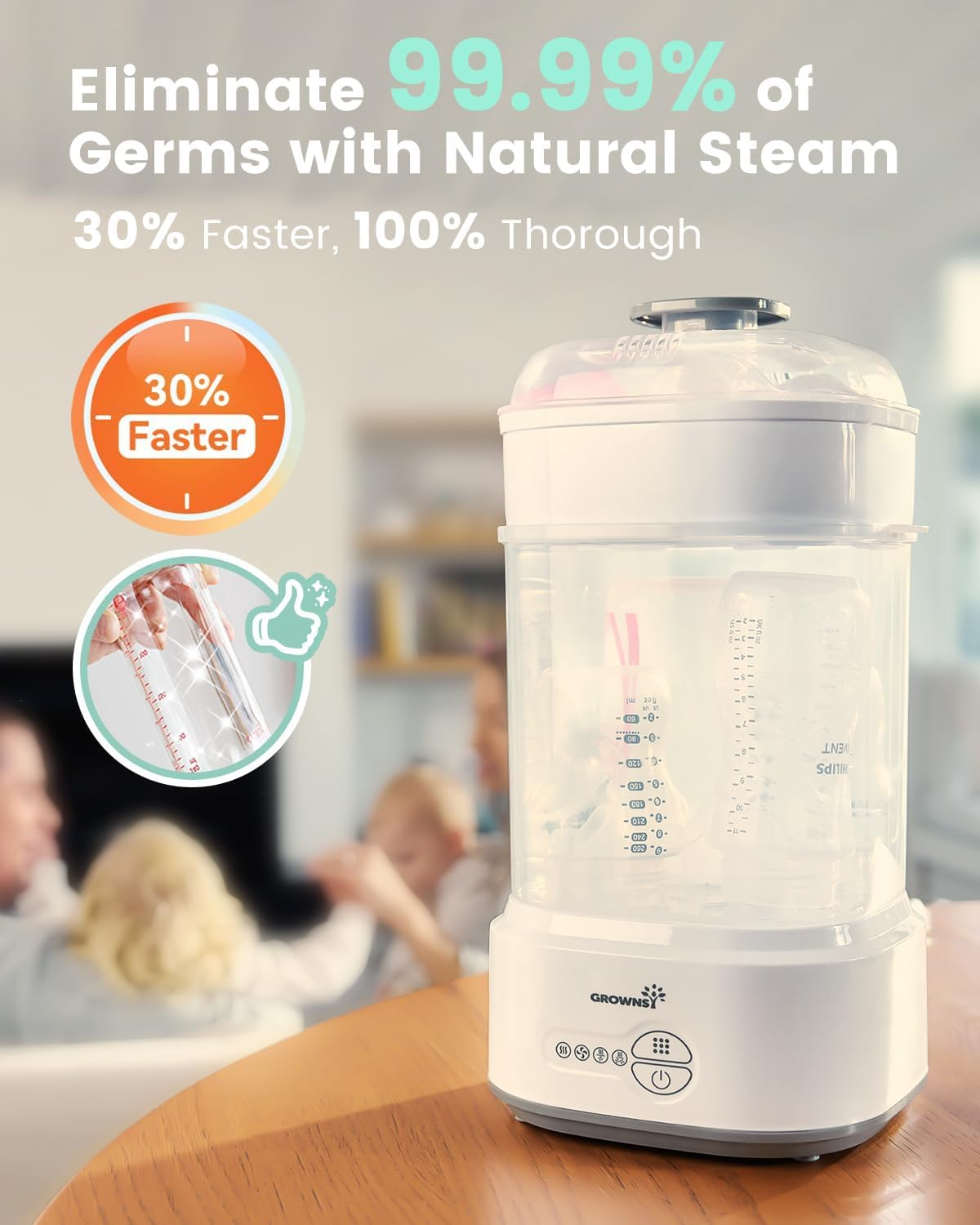 GROWNSY Bottle Steriliser and Dryer, Compact Electric Steam Baby Bottle Sterilizer, Bottle Sanitizer for Baby Bottles, Pacifiers, Pump Parts, White image number 3