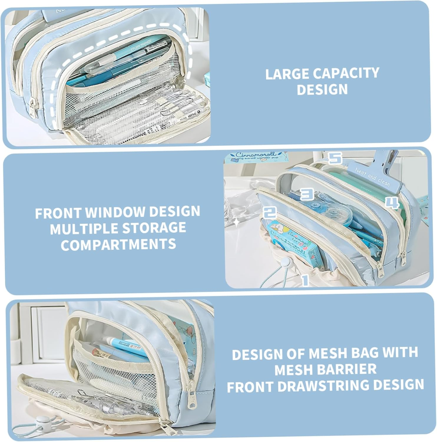 Kawaii Pencil Case, Aesthetic Pencil Case 8.27X5.12X3.94 Large Capacity Pencil Pouch Simply Style Kawaii Pencil Case Blue Pencil Pouch with Zipper Fabric Pencil Bag for Students, Pencil Case image number 1