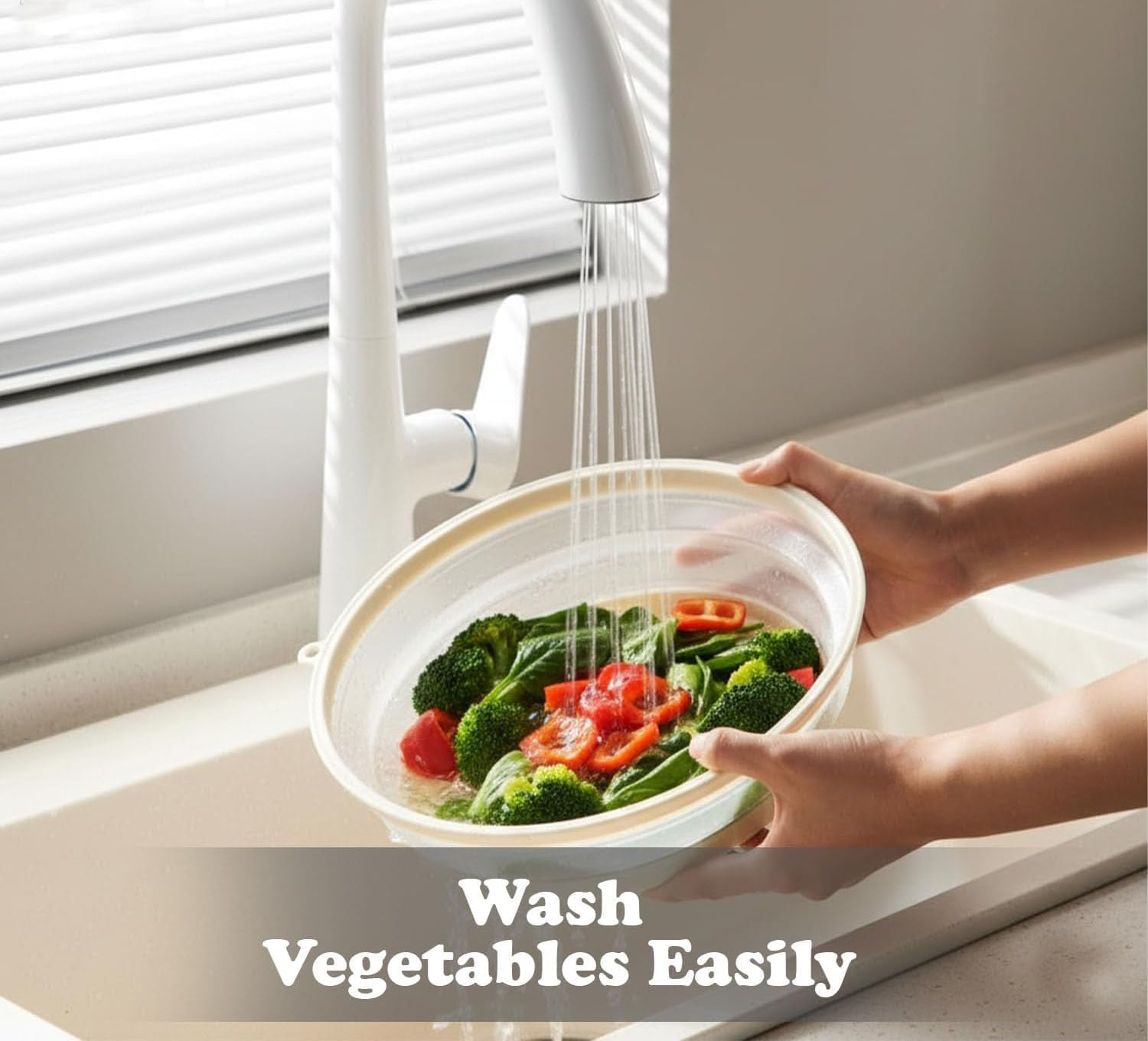 Pack of 2, Collapsible Microwave Food Cover BPA Free TPR, 10.5Inch, round with Grip Handle Green+Beige image number 6