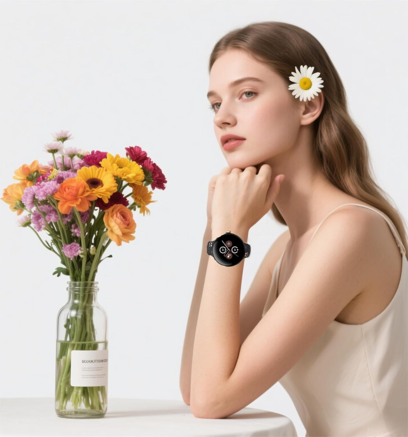 Two-Tone Floral Engraved Band Compatible with Google Pixel Watch 3 2 1 41Mm/ Pixel 3 45Mm, Flower Soft Silicone Sport Strap for Pixel Watch 3 2 1 Women Men image number 6