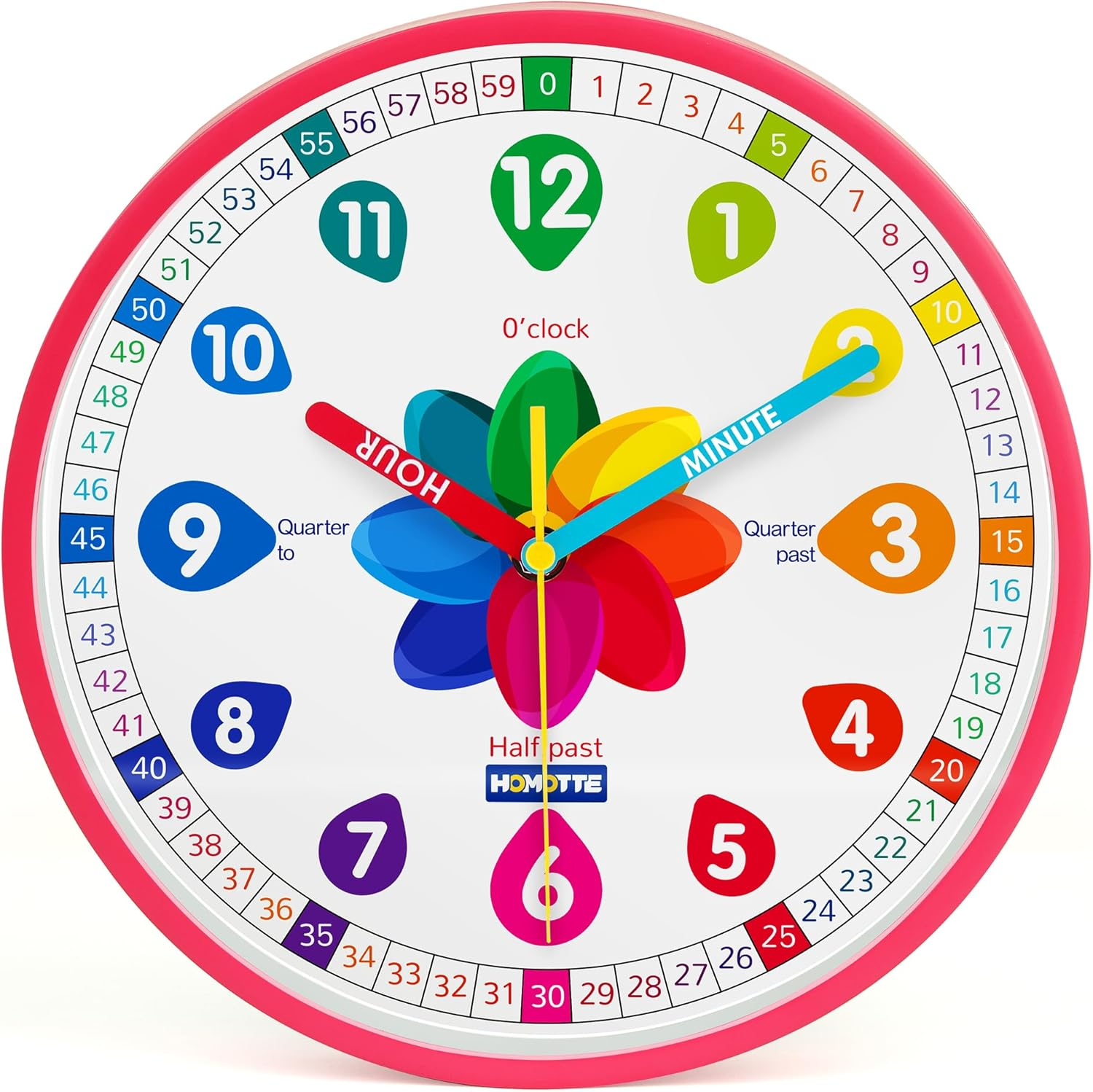 Homotte Analog Learning Clock for Kids, 10 Inch Pink Wall Clock for Bedroom, Telling Time Teach Clock, Children'S Silent Non-Ticking Educational Wall Clock for Classroom Girls Home Decor
