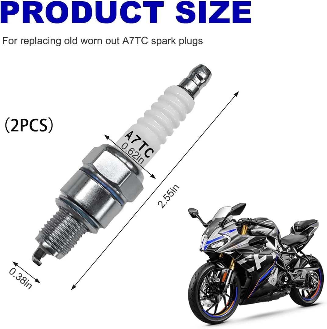 2PCS Spark Plug, A7TC Spark Plug for GY6 50Cc 70Cc 90Cc 110Cc 125Cc ATV Scooter Dirt Bike Moped Go Kart Racing Bike, Spark Plugs A7TC Compatible with C7HA C5HA PZ7HS S102F Z12 image number 1