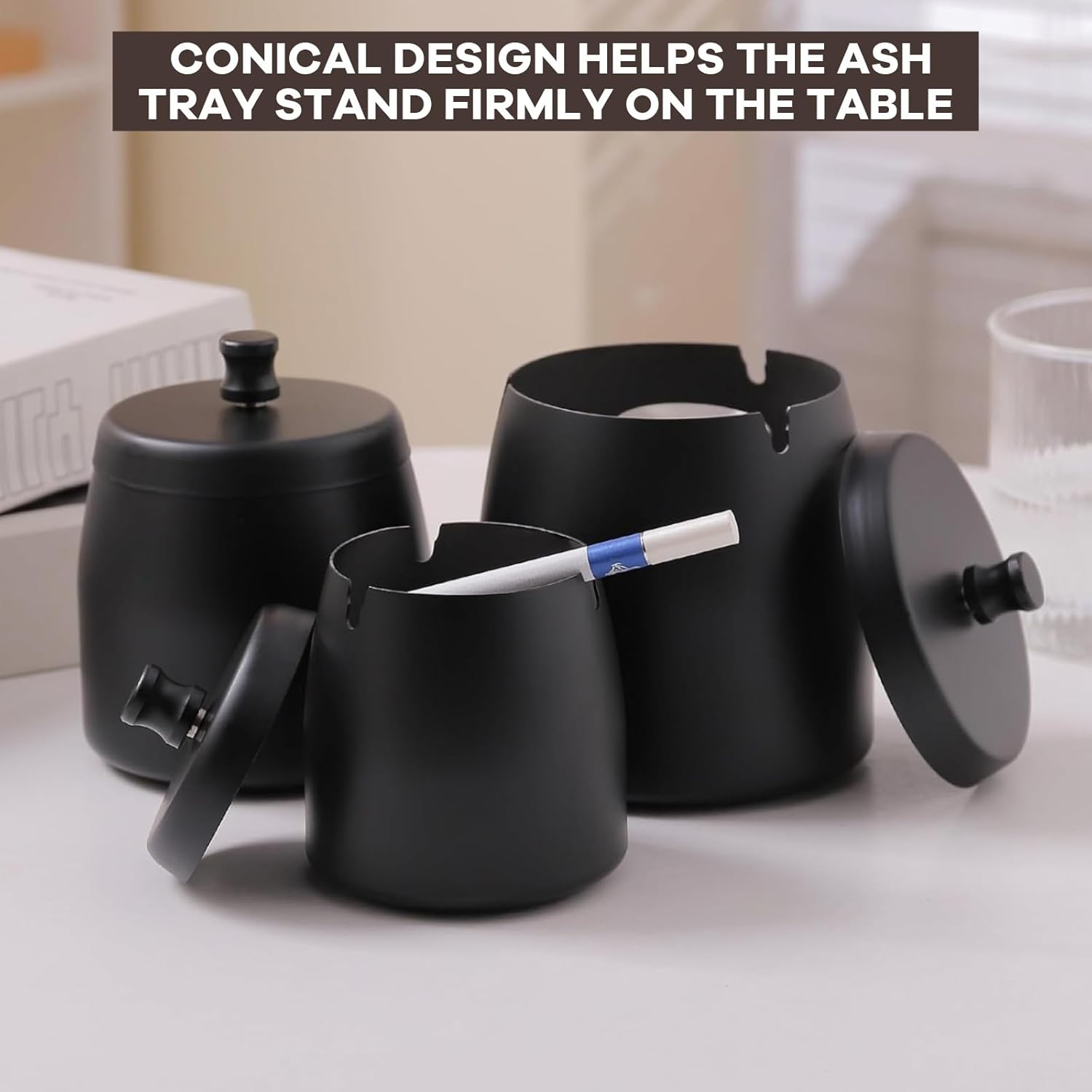 Stainless Steel Ashtray with Lid - Smokeless, Odorless Windproof Cigarette Tray for Indoor/Outdoor, Home, Office, Patio (9Cm X 9Cm X 9.7Cm, 330G)