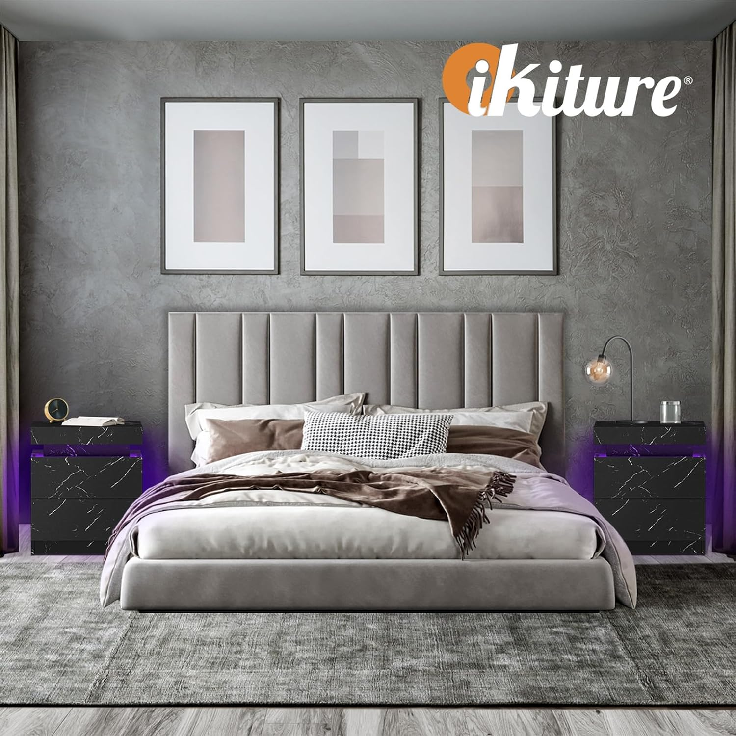 Oikiture LED Bedside Table with Marble Surface and Remote Control 2 Drawers Bed Side Table Black image number 6